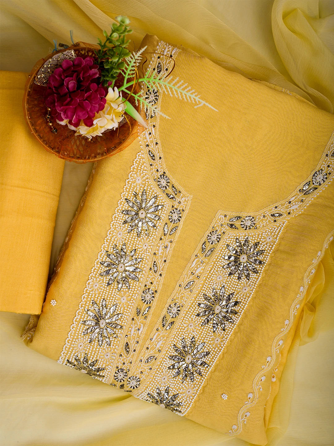 Ada Hand Embroidered Yellow Chanderi Lucknowi Chikankari Unstitched Suit Piece With Muqaish Work A553437