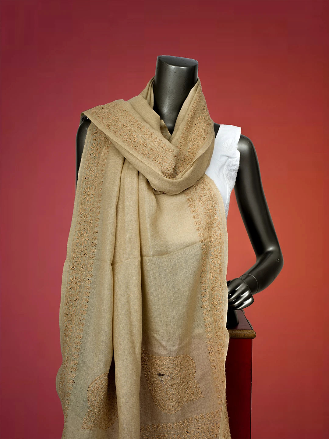 Ada Hand Embroidered Tuscan Fawn Pashmina Lucknowi Chikankari Teen Taar Stole A599935