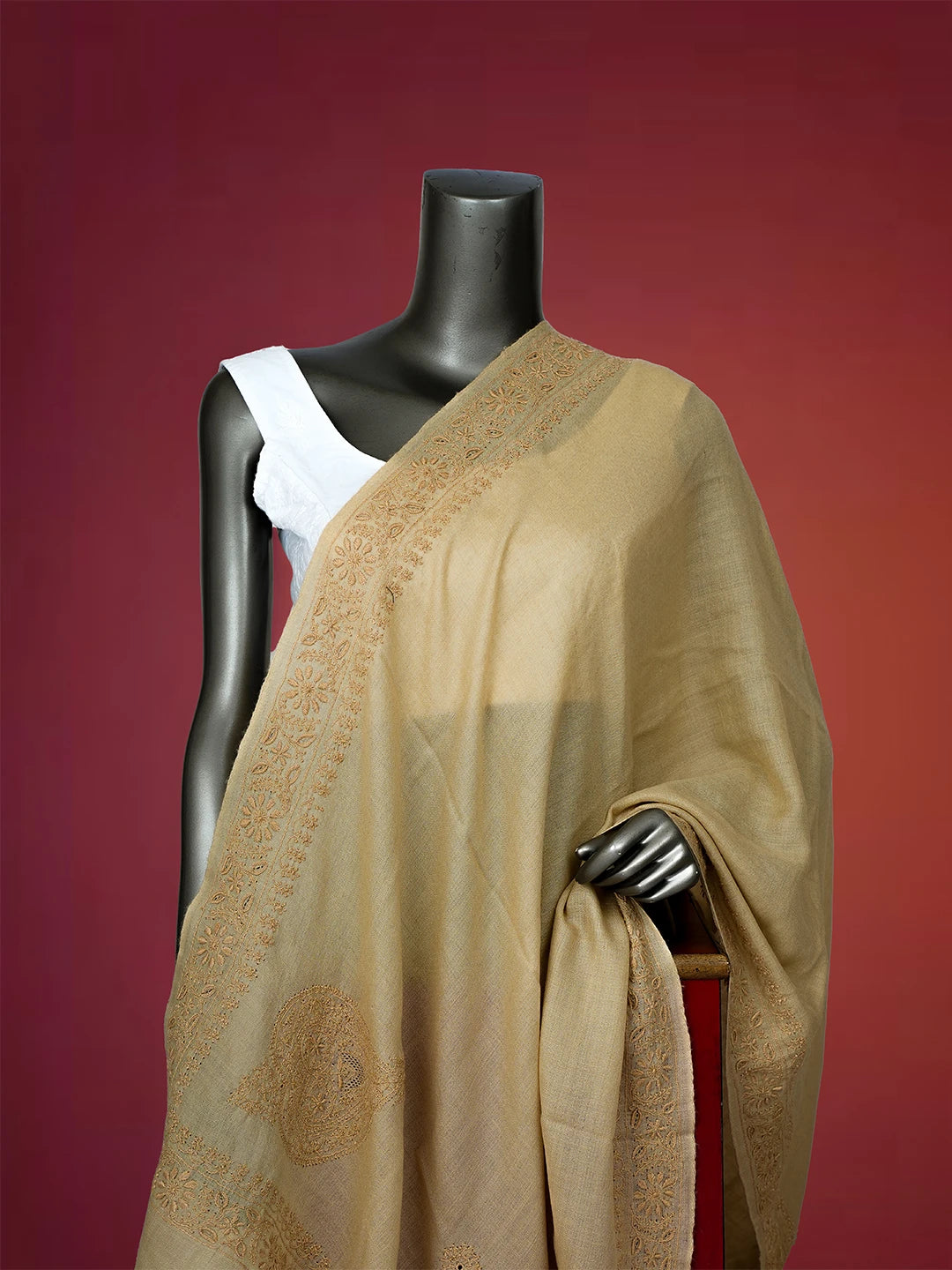 Ada Hand Embroidered Tuscan Fawn Pashmina Lucknowi Chikankari Teen Taar Stole A599935