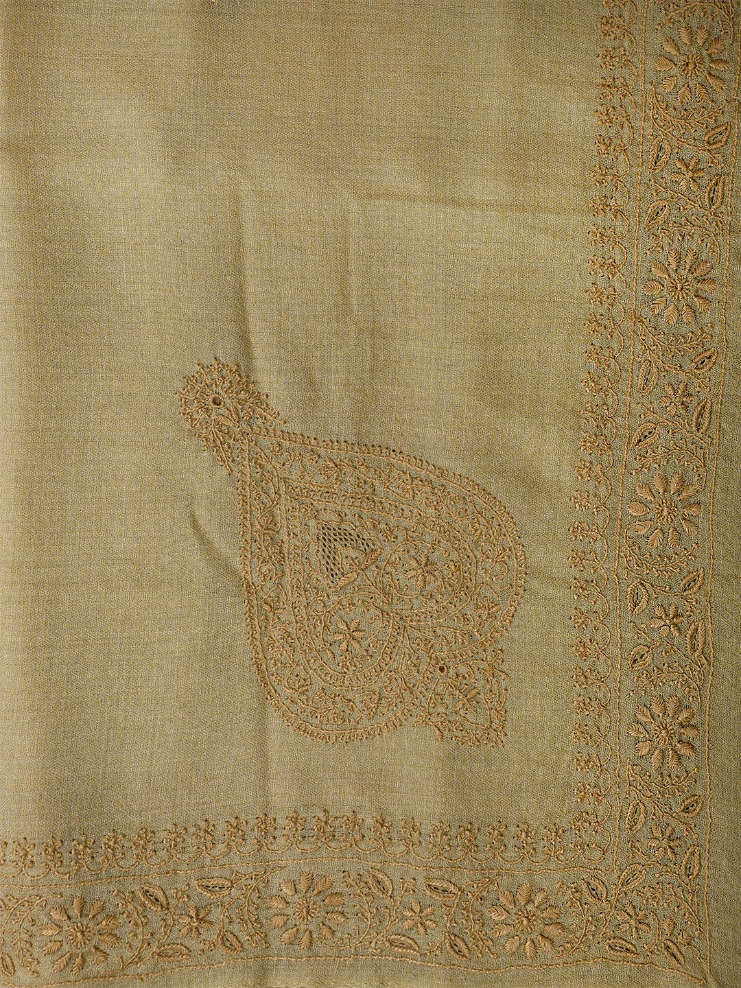 Ada Hand Embroidered Tuscan Fawn Pashmina Lucknowi Chikankari Teen Taar Stole A599935