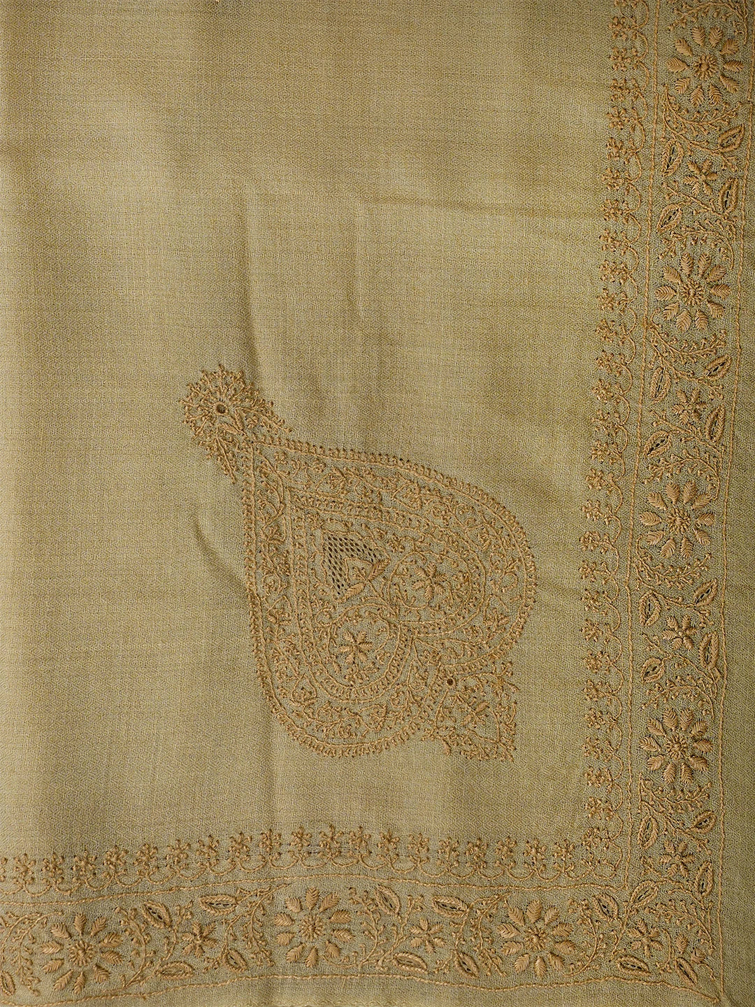 Ada Hand Embroidered Tuscan Fawn Pashmina Lucknowi Chikankari Teen Taar Stole A599935