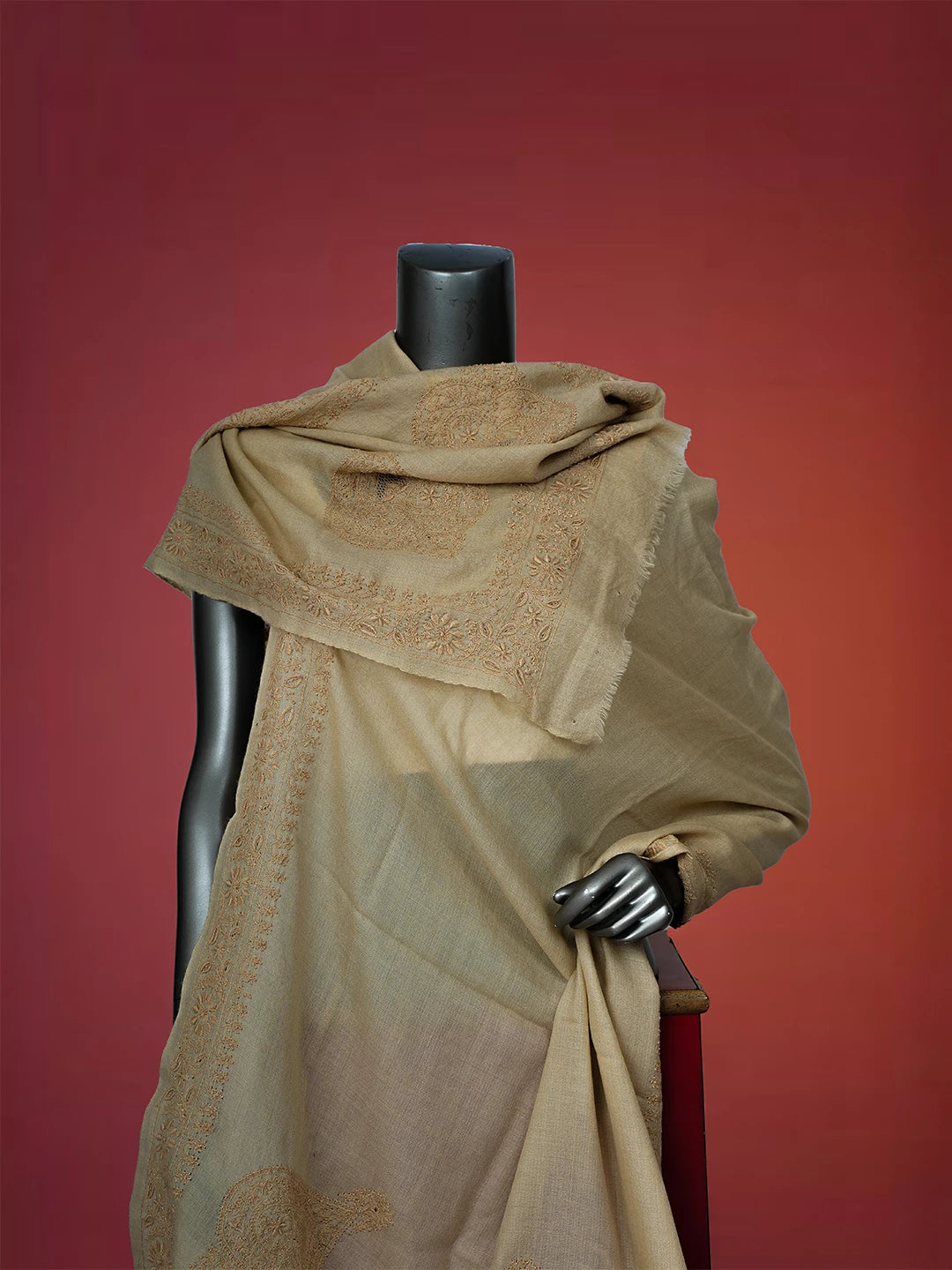 Ada Hand Embroidered Tuscan Fawn Pashmina Lucknowi Chikankari Teen Taar Stole A599935