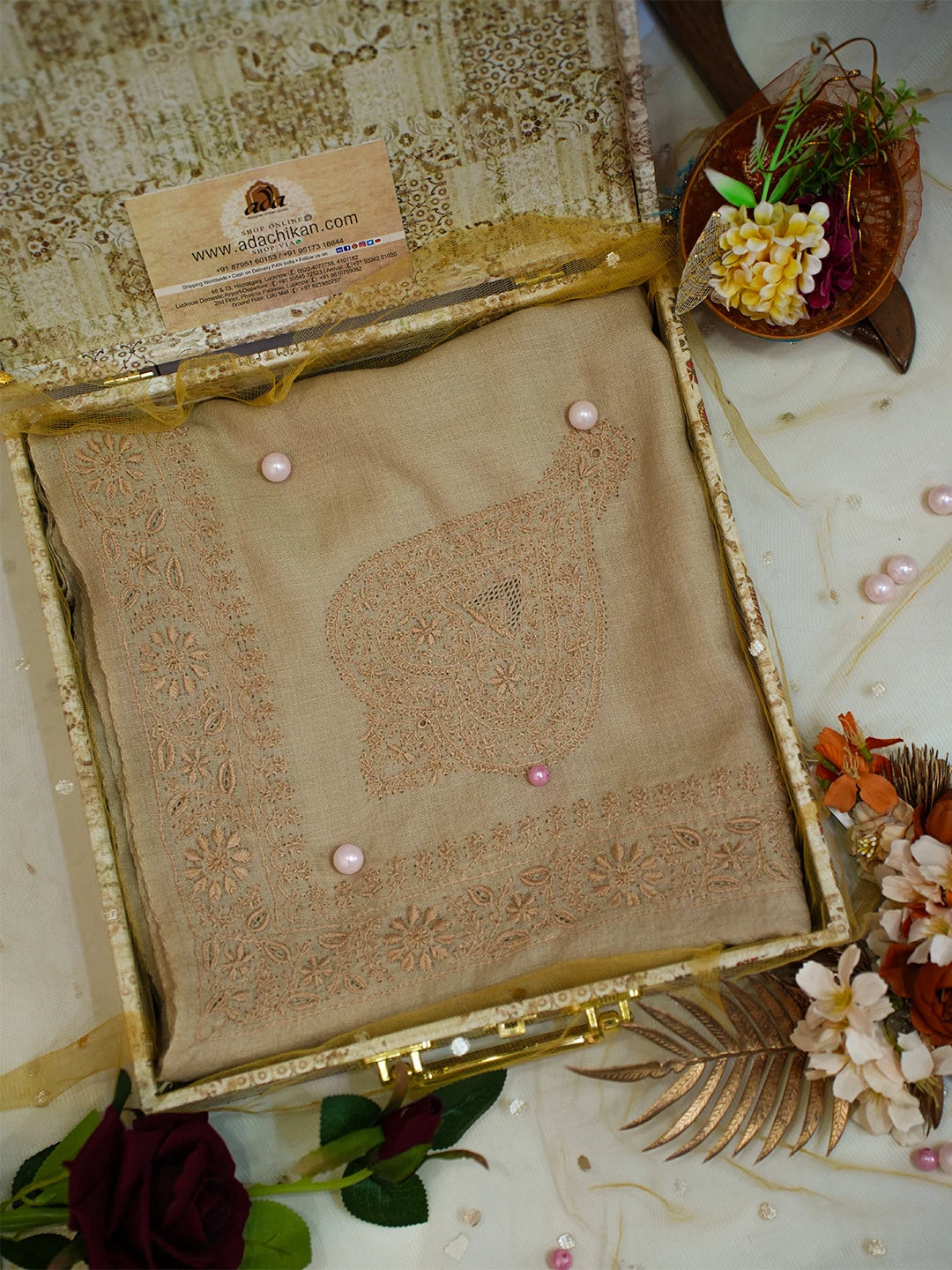 Ada Hand Embroidered Tuscan Fawn Pashmina Lucknowi Chikankari Teen Taar Stole A599935