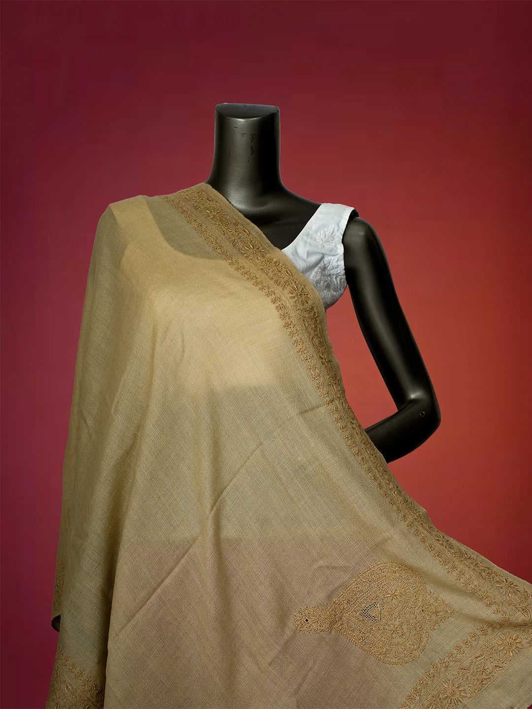 Ada Hand Embroidered Tuscan Fawn Pashmina Lucknowi Chikankari Teen Taar Stole A599935