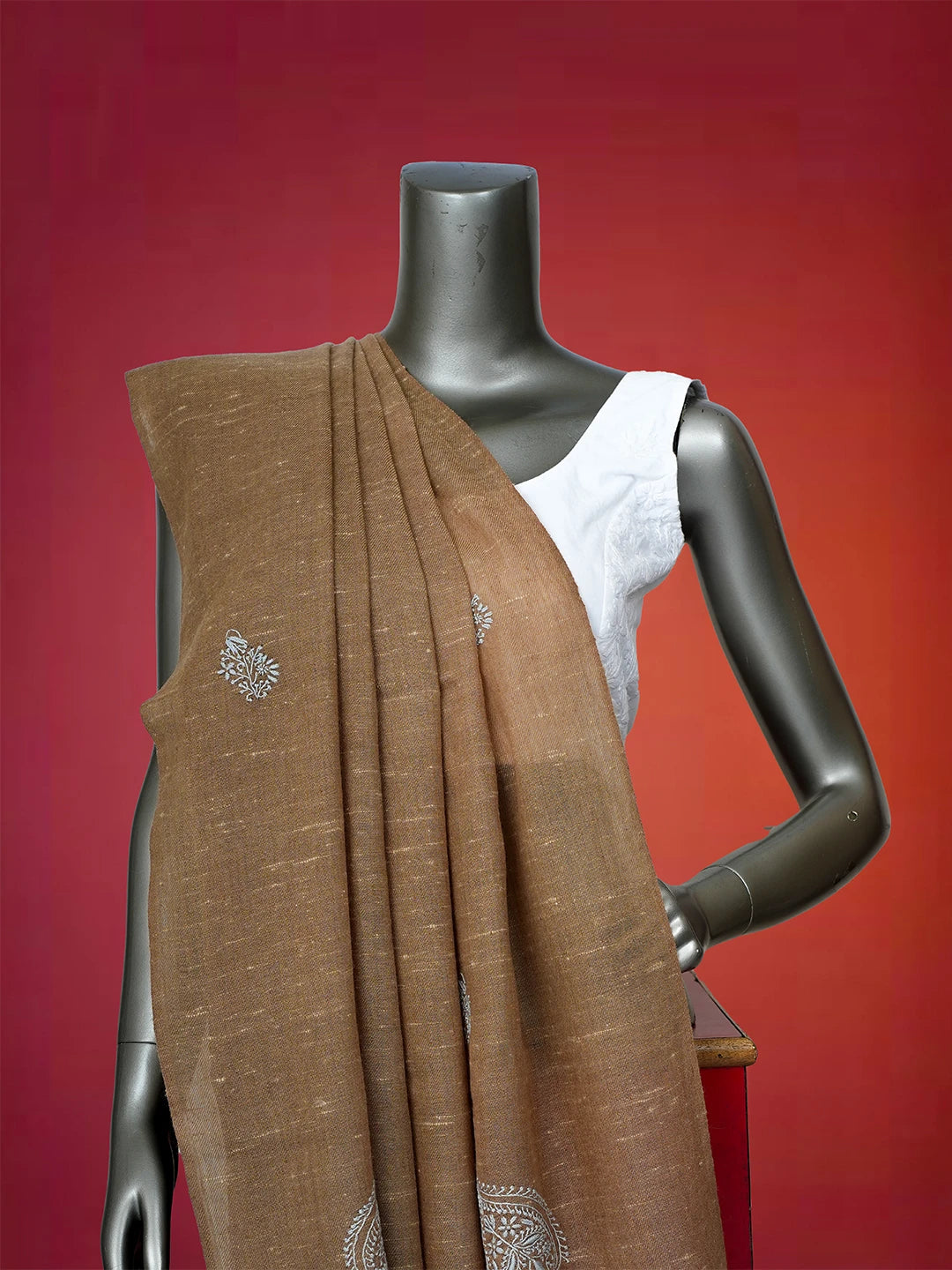 Ada Hand Embroidered Fawn Pashmina Lucknowi Chikankari Teen Taar Shawl A2252885
