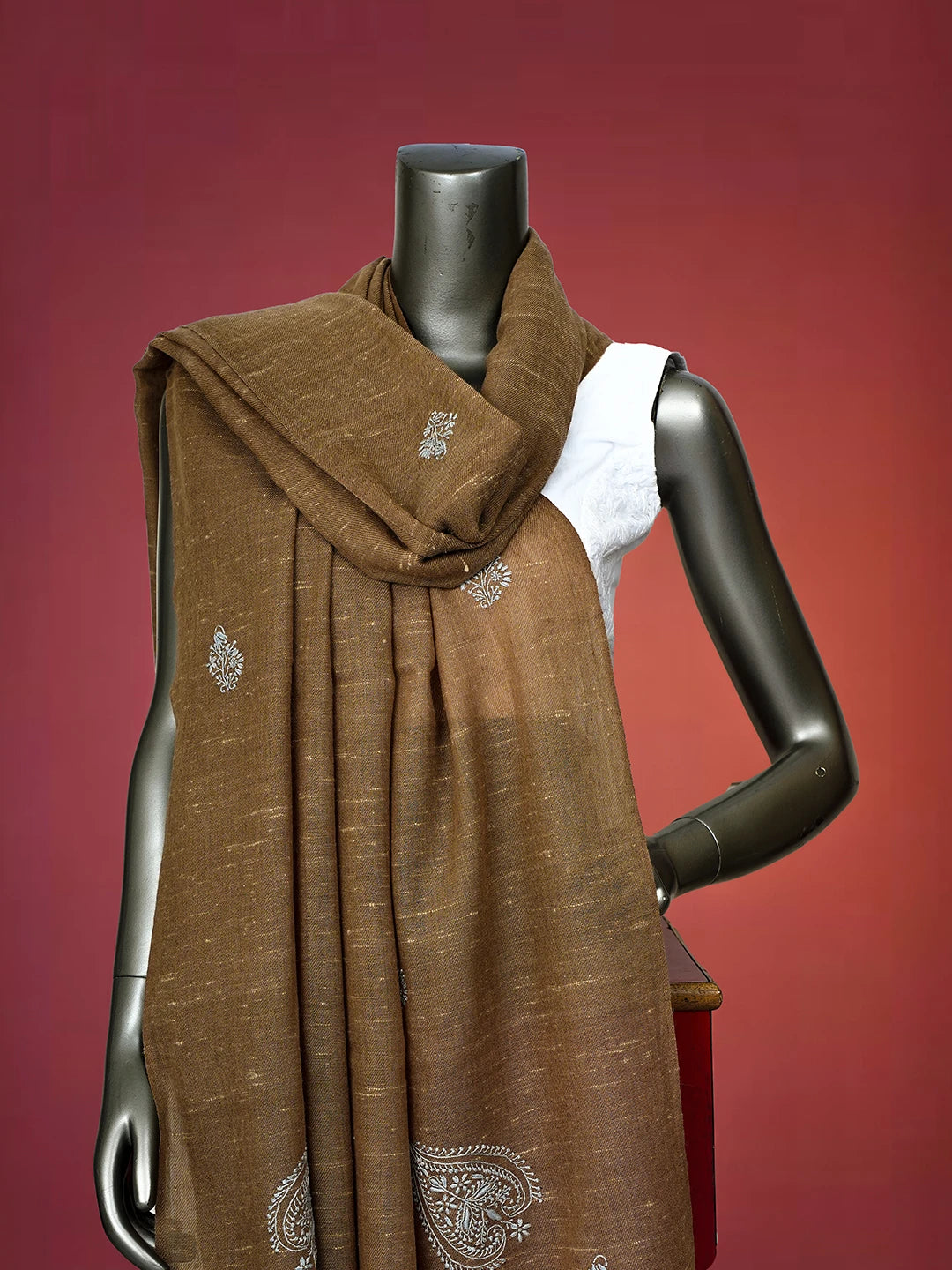 Ada Hand Embroidered Fawn Pashmina Lucknowi Chikankari Teen Taar Shawl A2252885