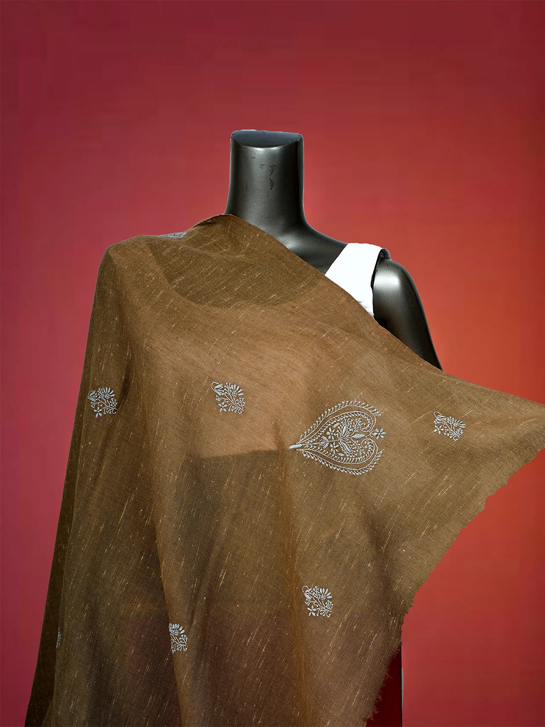 Ada Hand Embroidered Fawn Pashmina Lucknowi Chikankari Teen Taar Shawl A2252885