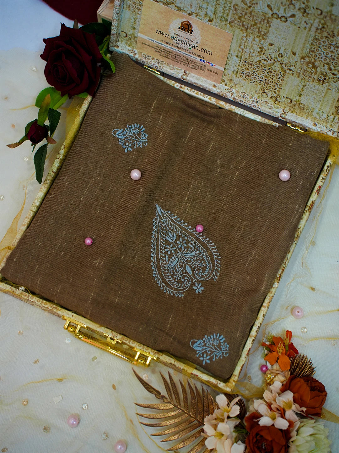 Ada Hand Embroidered Fawn Pashmina Lucknowi Chikankari Teen Taar Shawl A2252885