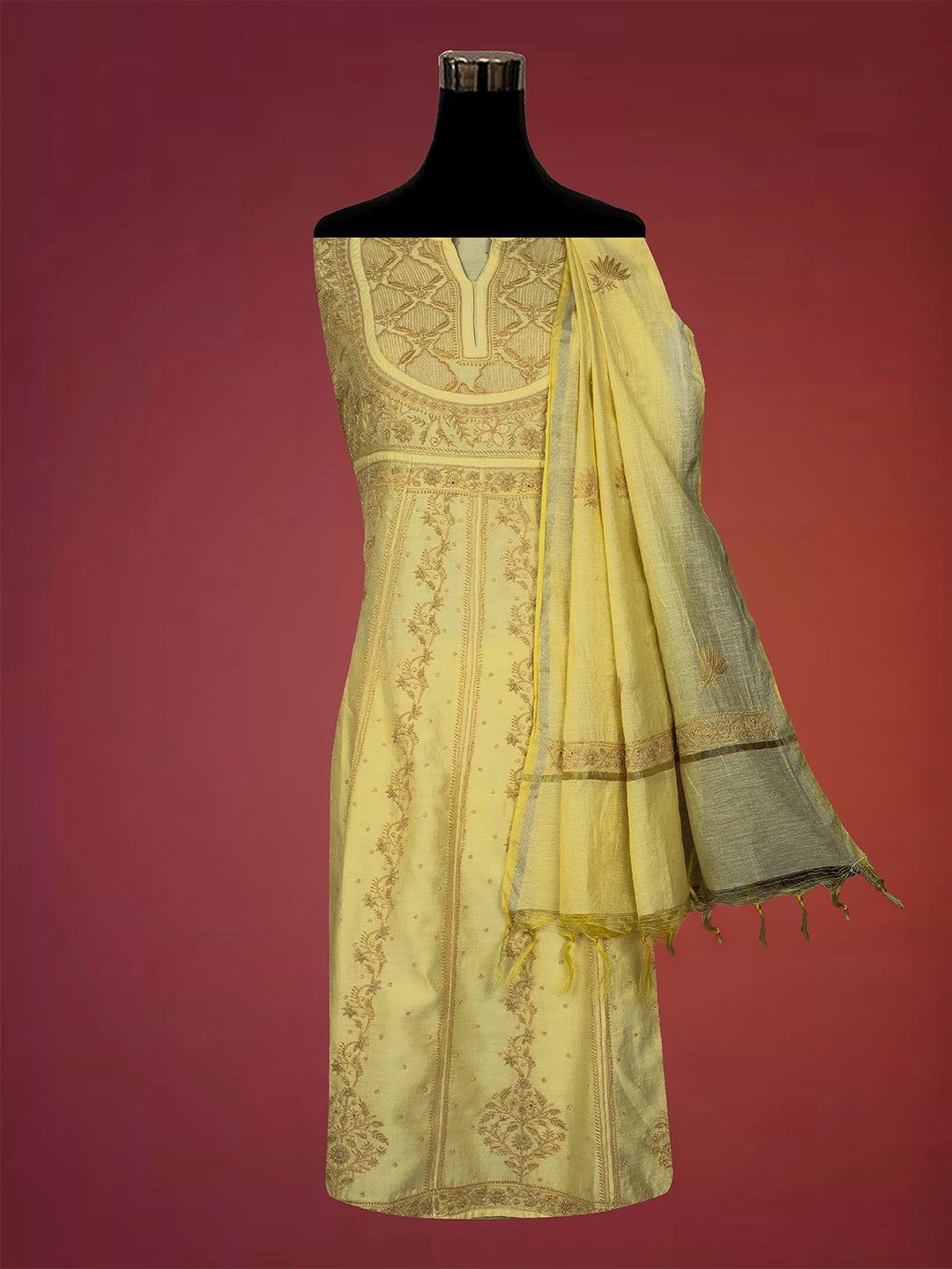 Ada Hand Embroidered Yellow Chanderi Lucknowi Chikankari Unstitched Kurta Dupatta Set With Cutdana Work 01A203085