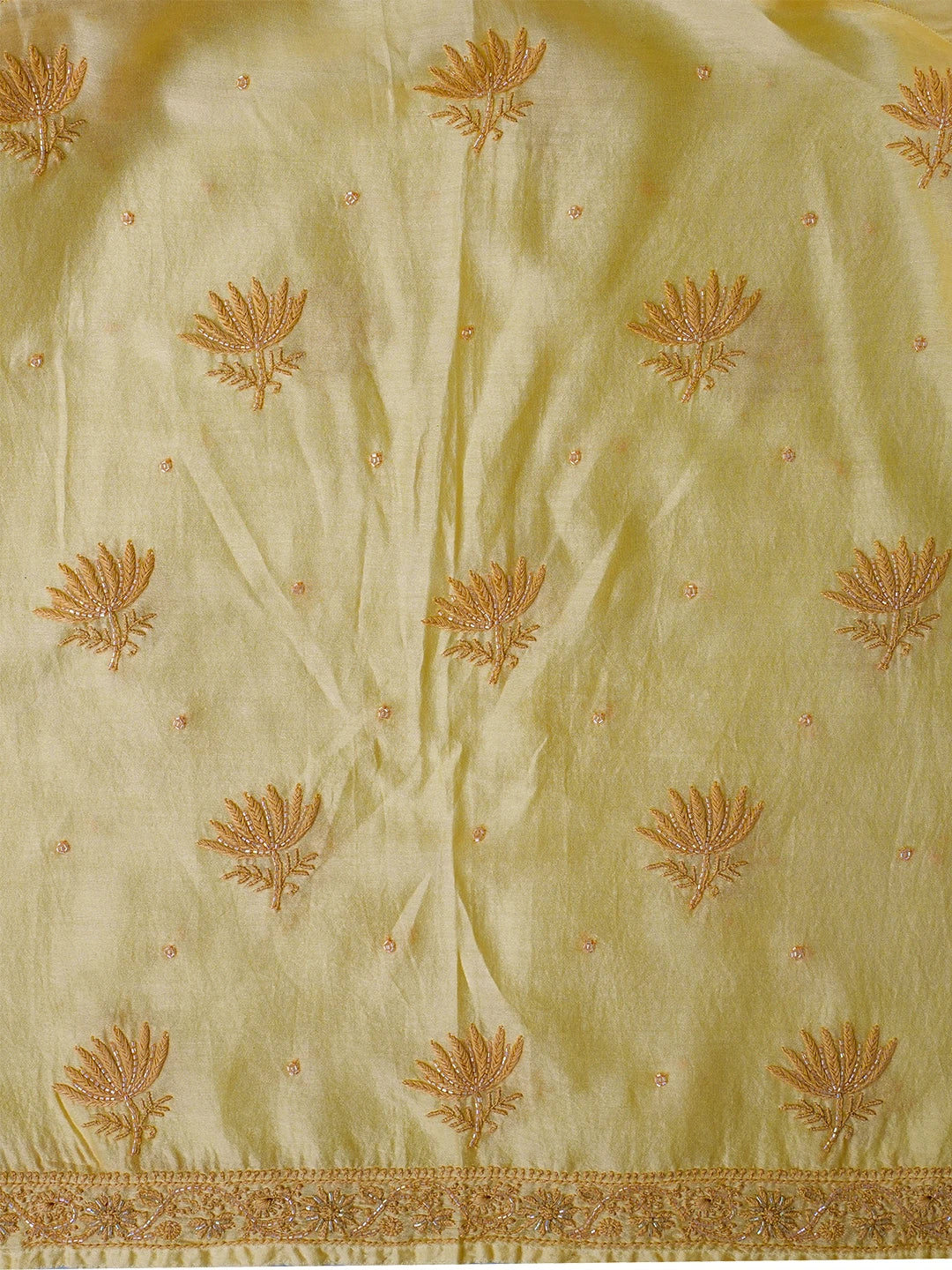 Ada Hand Embroidered Yellow Chanderi Lucknowi Chikankari Unstitched Kurta Dupatta Set With Cutdana Work 01A203085