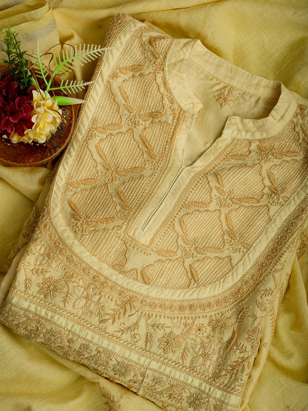 Ada Hand Embroidered Yellow Chanderi Lucknowi Chikankari Unstitched Kurta Dupatta Set With Cutdana Work 01A203085