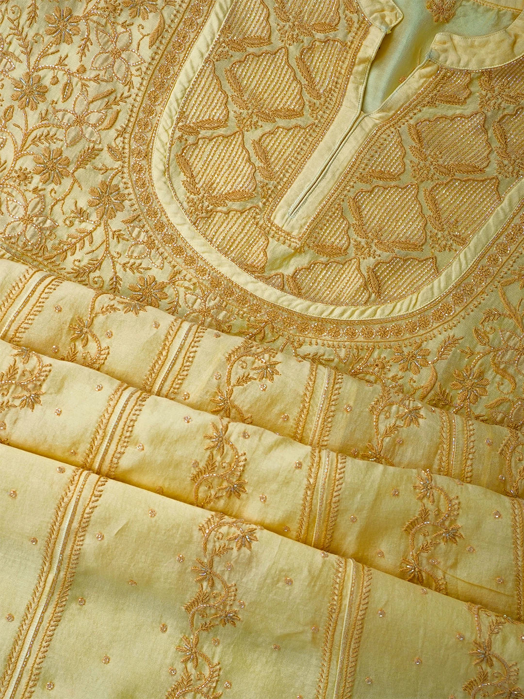 Ada Hand Embroidered Yellow Chanderi Lucknowi Chikankari Unstitched Kurta Dupatta Set With Cutdana Work 01A203085