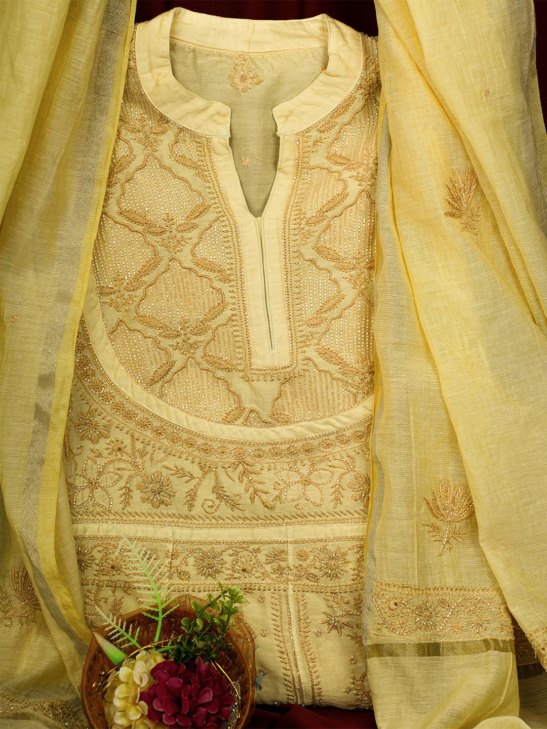 Ada Hand Embroidered Yellow Chanderi Lucknowi Chikankari Unstitched Kurta Dupatta Set With Cutdana Work 01A203085