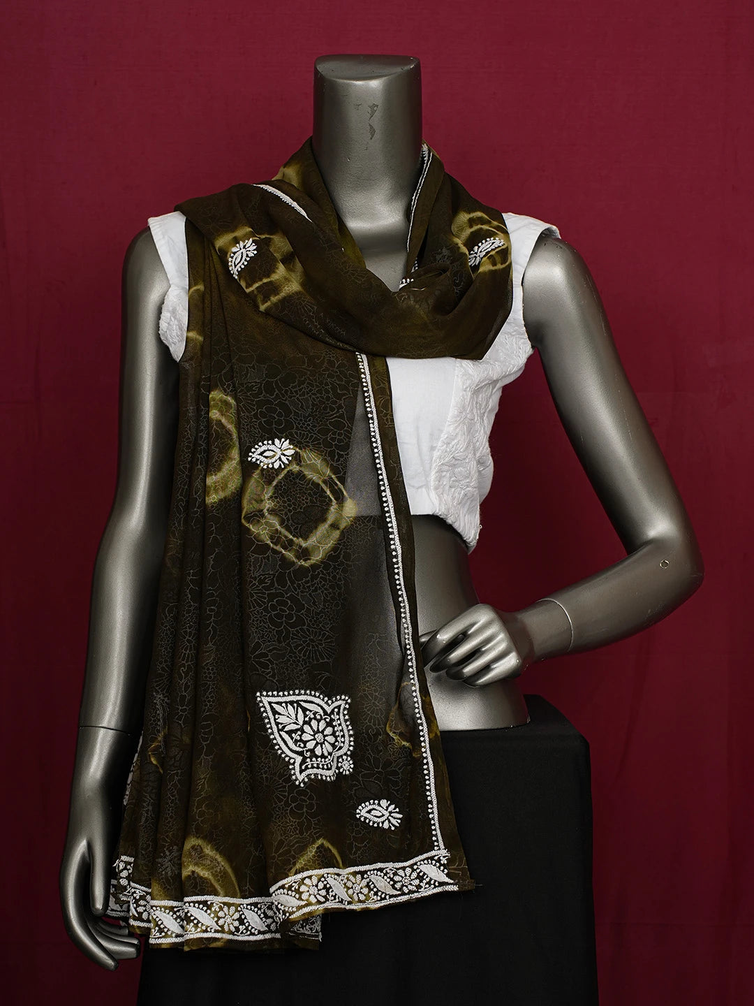 Ada Hand Embroidered Solid Dark Olive Green Georgette Lucknowi Chikankari Dupatta A92184