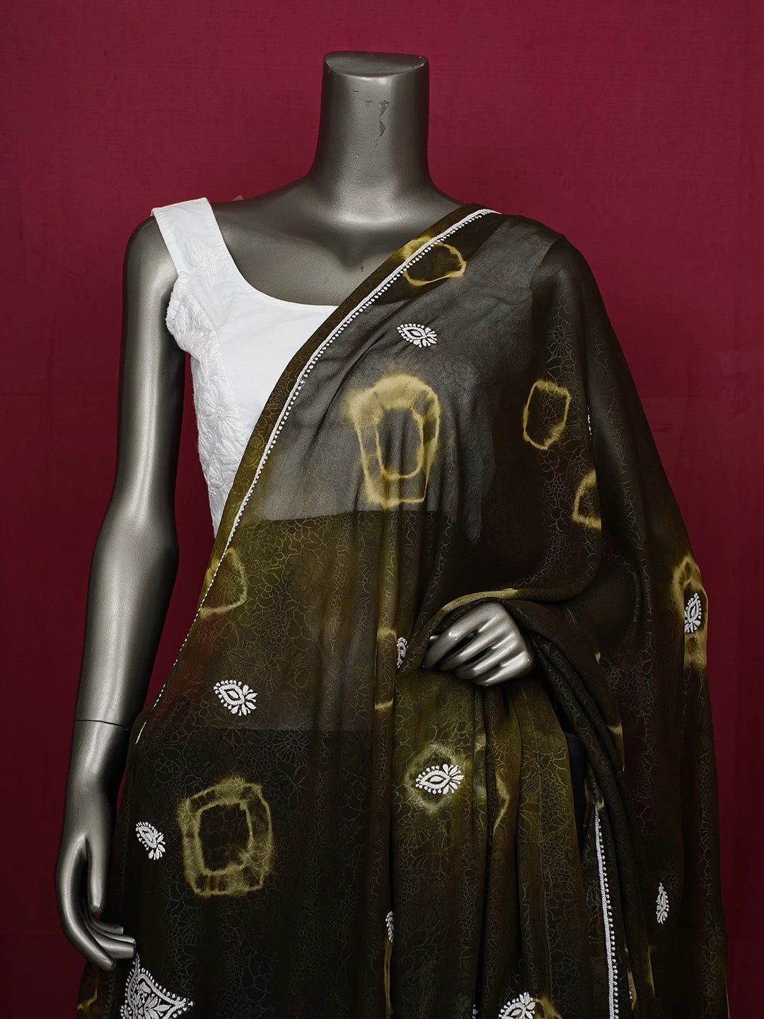 Ada Hand Embroidered Solid Dark Olive Green Georgette Lucknowi Chikankari Dupatta A92184