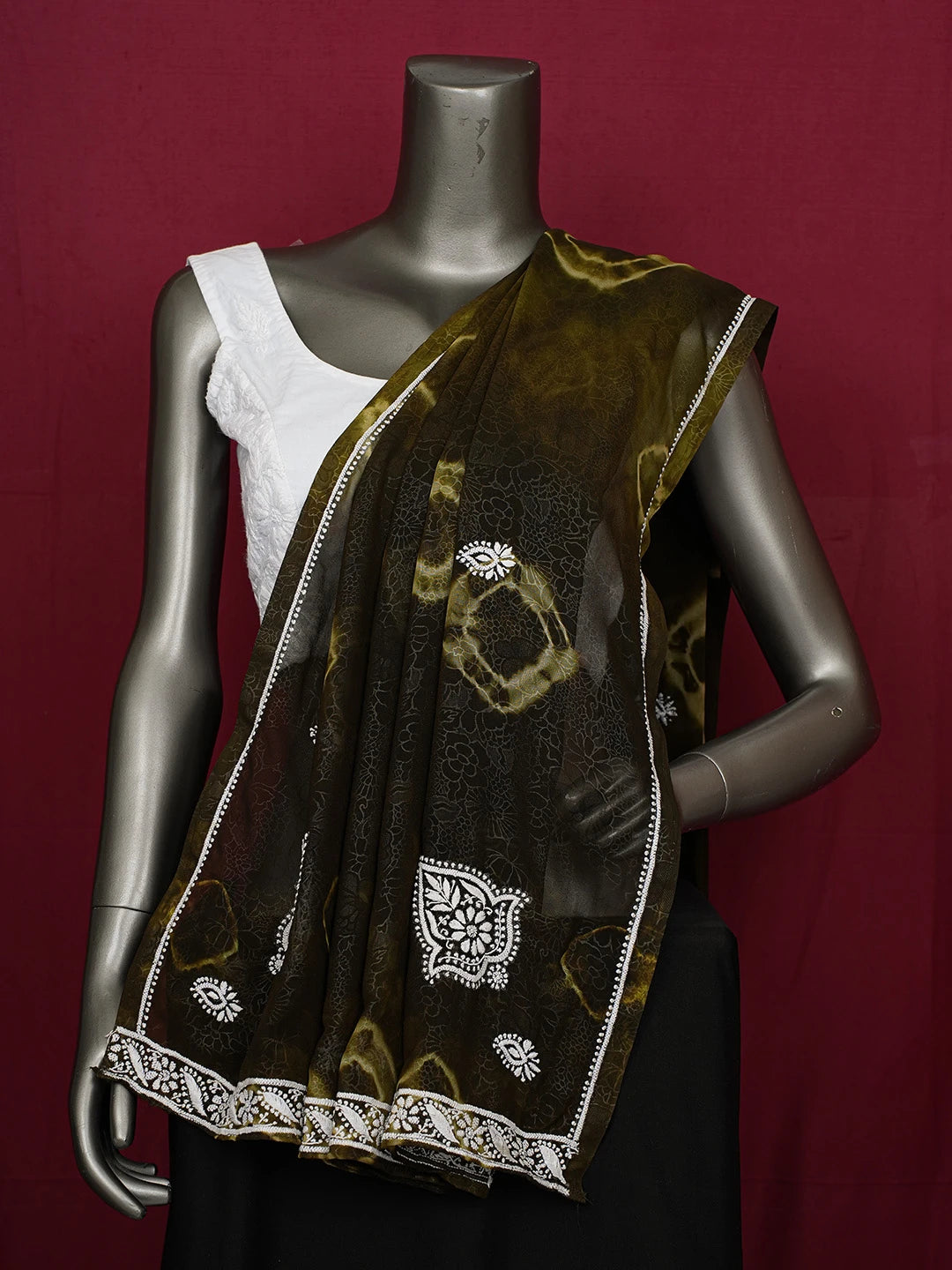 Ada Hand Embroidered Solid Dark Olive Green Georgette Lucknowi Chikankari Dupatta A92184