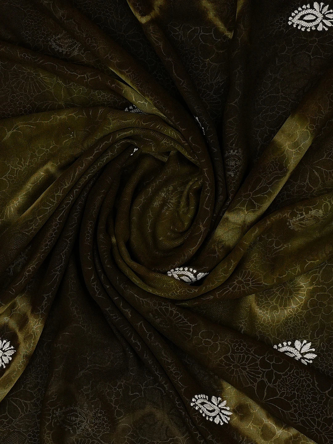 Ada Hand Embroidered Solid Dark Olive Green Georgette Lucknowi Chikankari Dupatta A92184