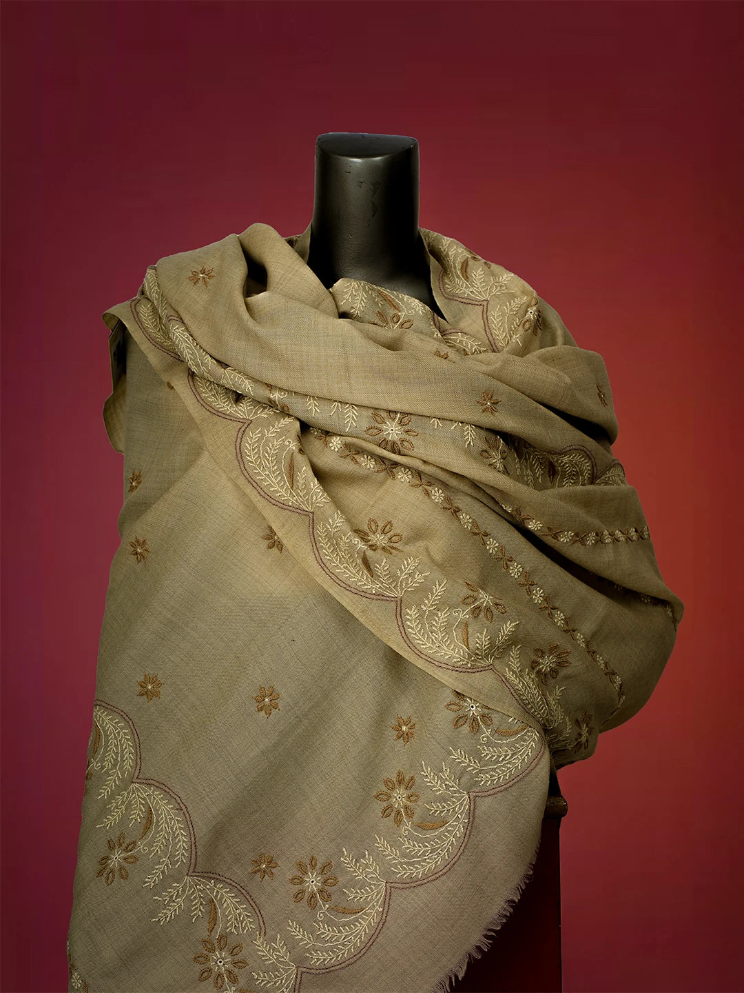 Ada Hand Embroidered Brown Pashmina Lucknowi Chikankari Chaar Taar Shawl 01A699502