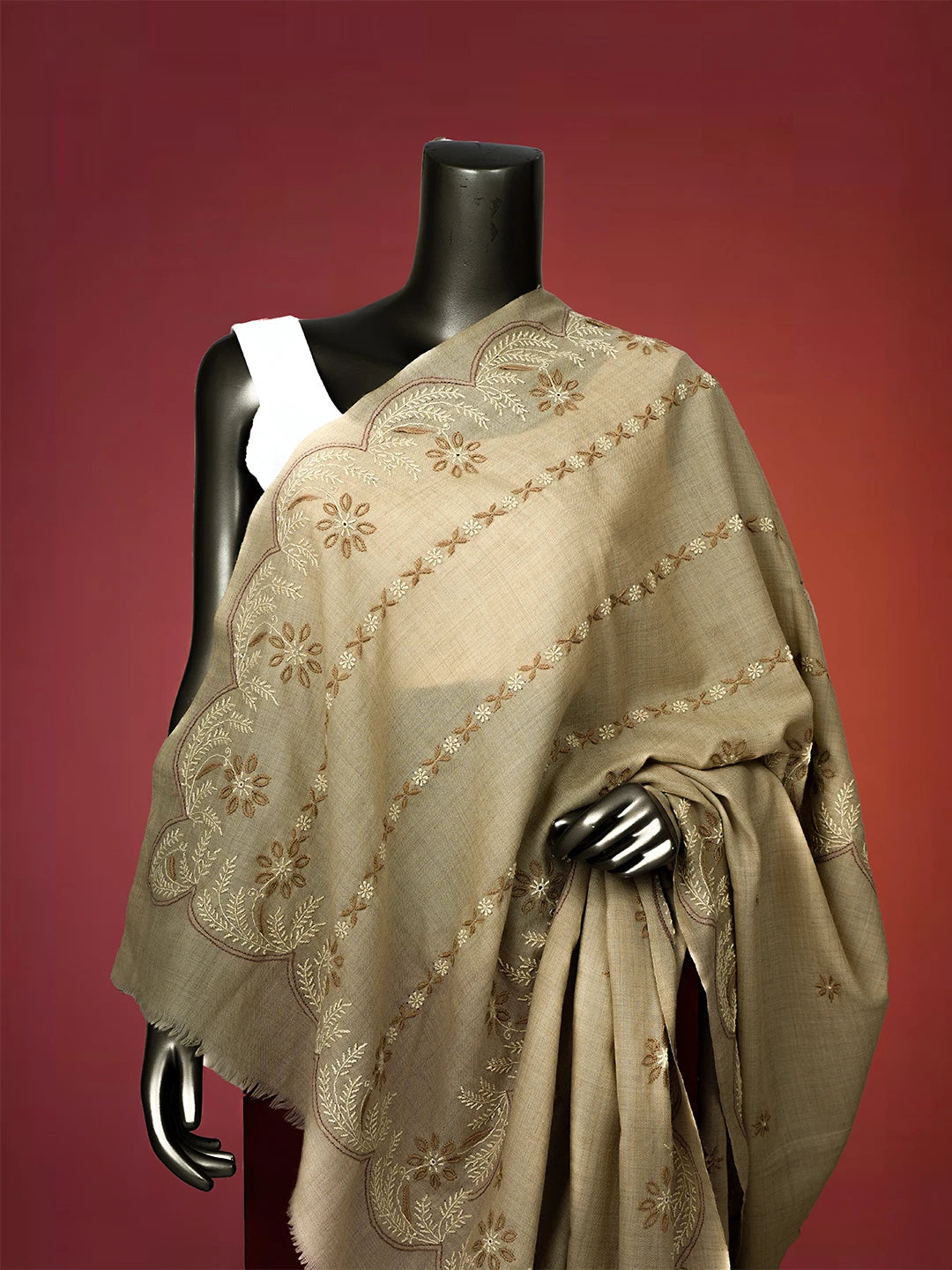 Ada Hand Embroidered Brown Pashmina Lucknowi Chikankari Chaar Taar Shawl 01A699502