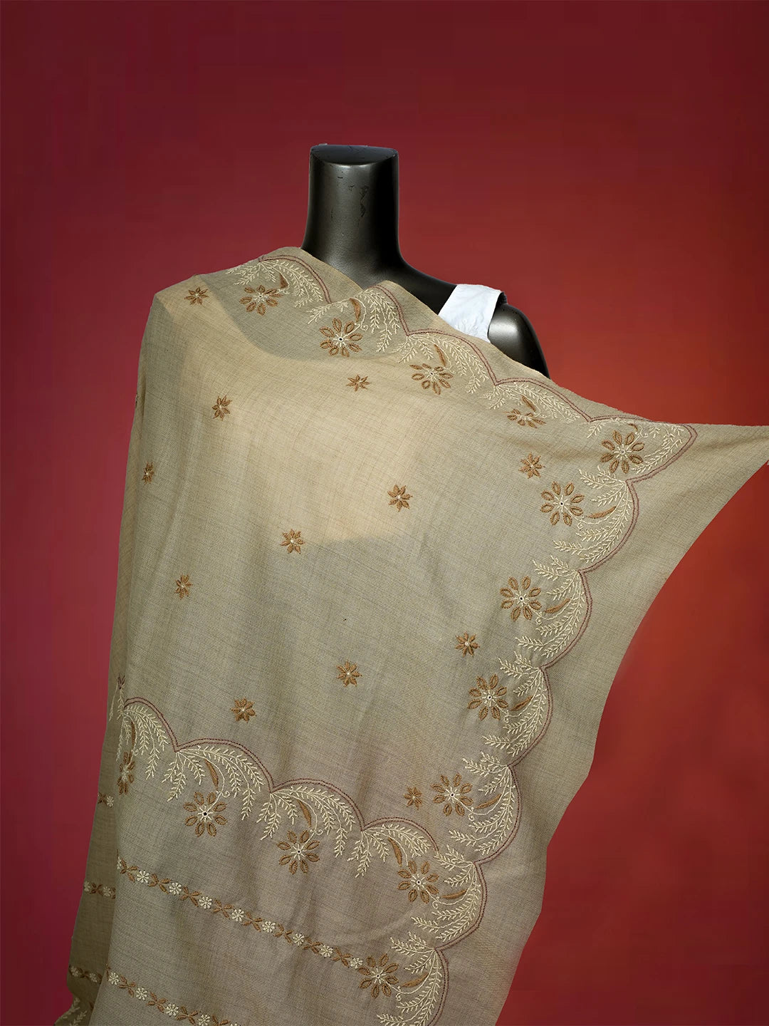 Ada Hand Embroidered Brown Pashmina Lucknowi Chikankari Chaar Taar Shawl 01A699502