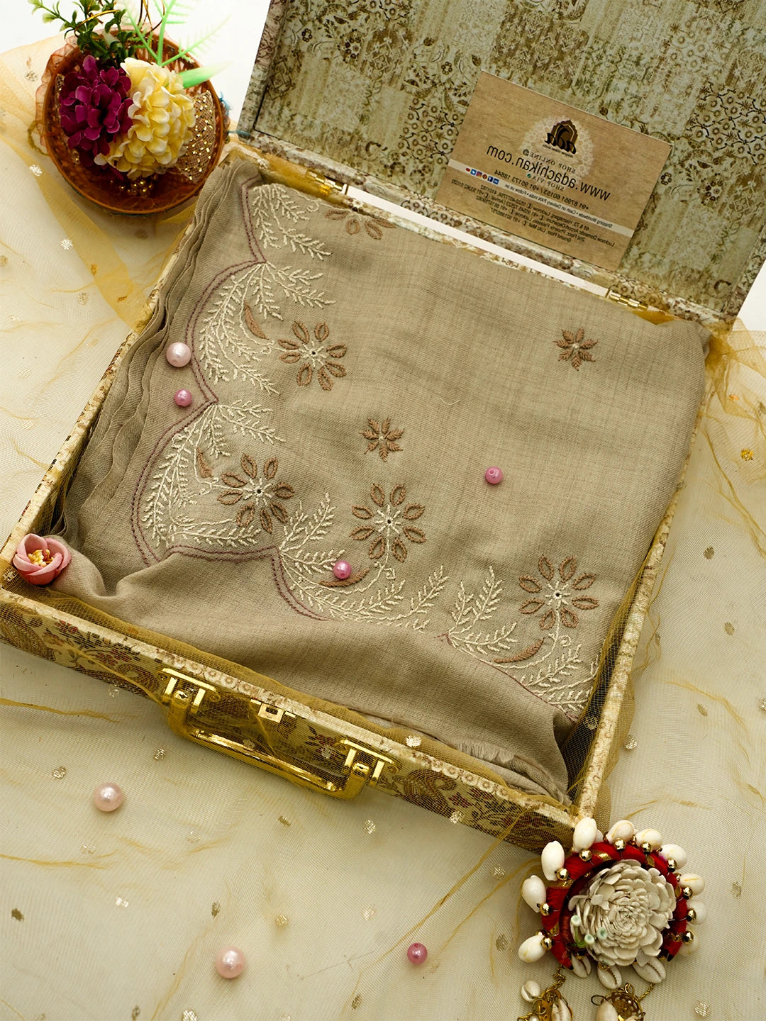 Ada Hand Embroidered Brown Pashmina Lucknowi Chikankari Chaar Taar Shawl 01A699502
