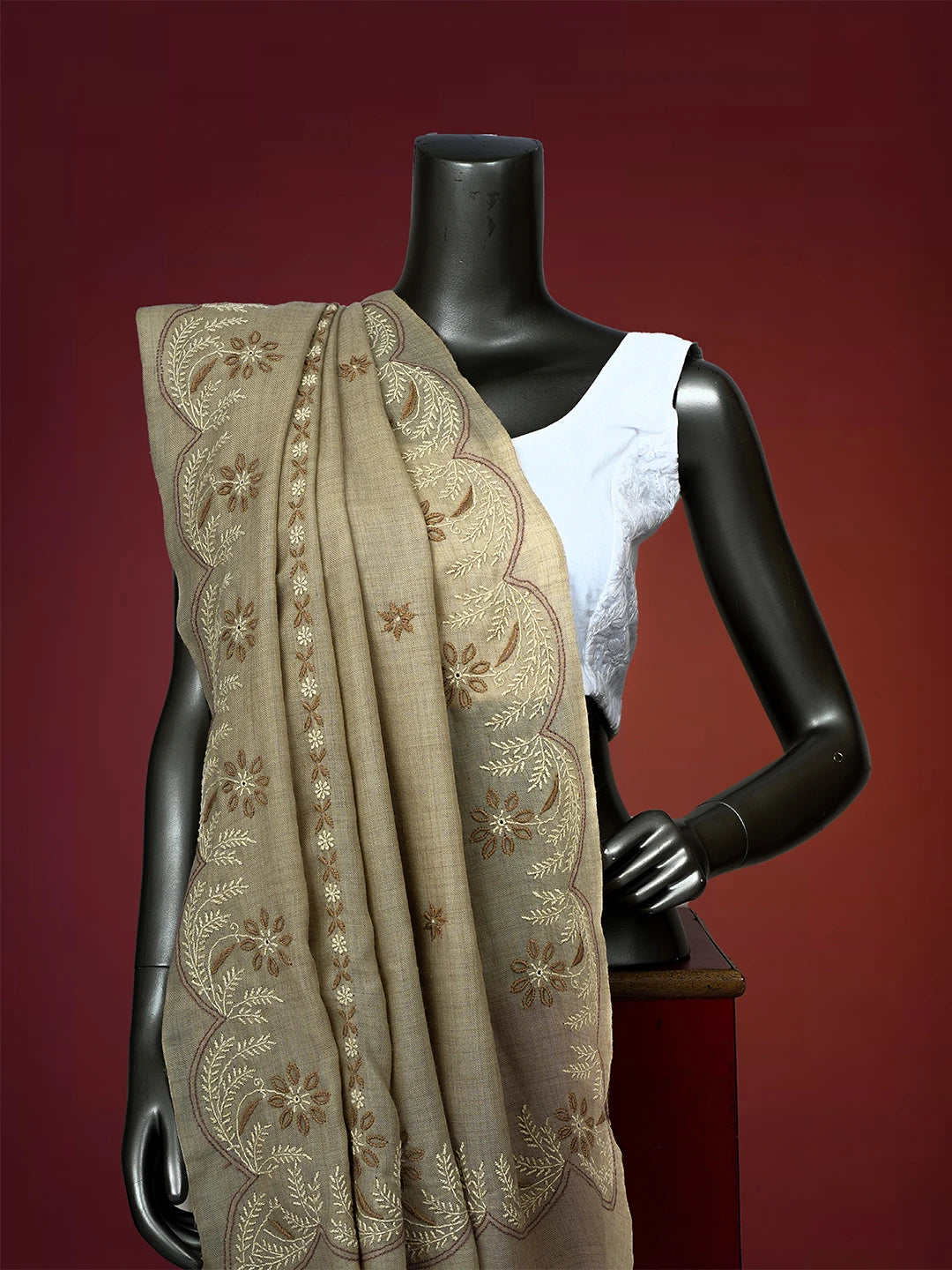 Ada Hand Embroidered Brown Pashmina Lucknowi Chikankari Chaar Taar Shawl 01A699502