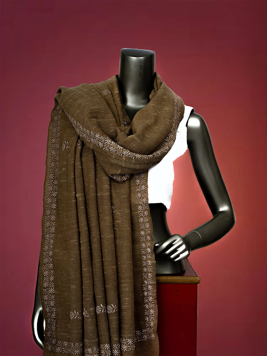 Ada Hand Embroidered Brown Pashmina Lucknowi Chikankari Teen Taar Shawl A2207280