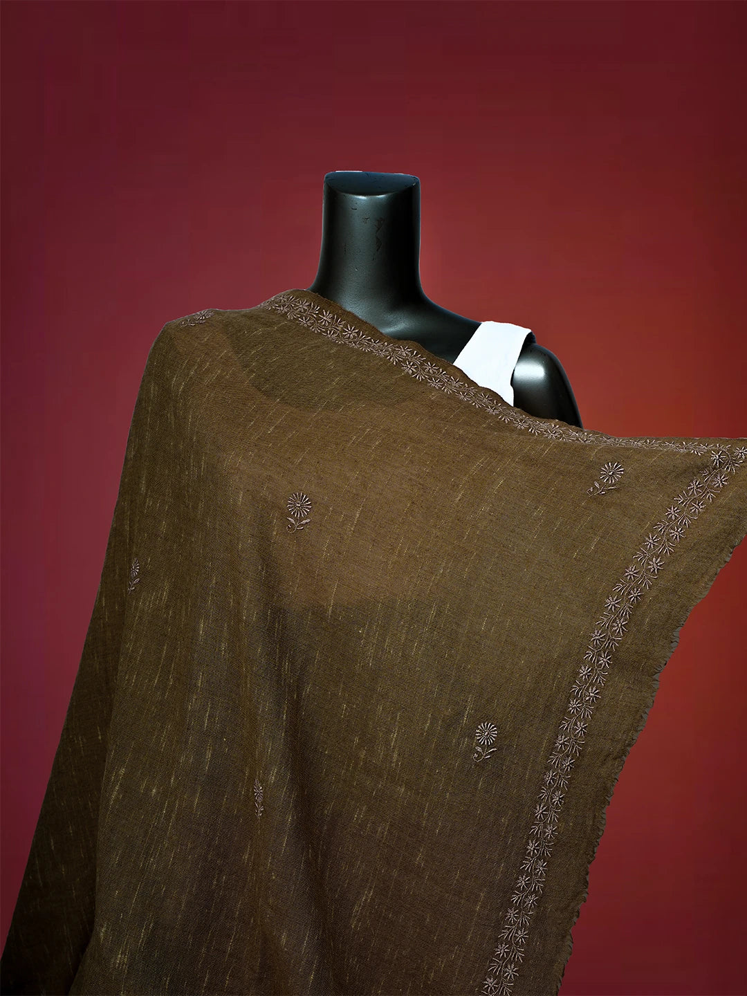 Ada Hand Embroidered Brown Pashmina Lucknowi Chikankari Teen Taar Shawl A2207280