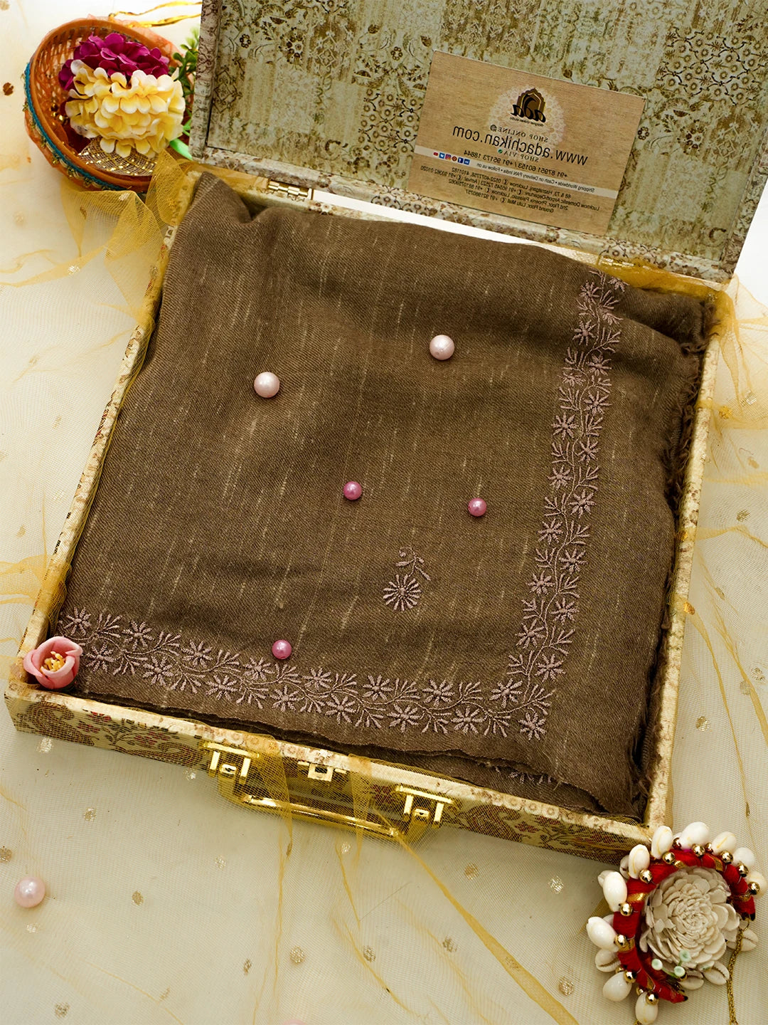Ada Hand Embroidered Brown Pashmina Lucknowi Chikankari Teen Taar Shawl A2207280