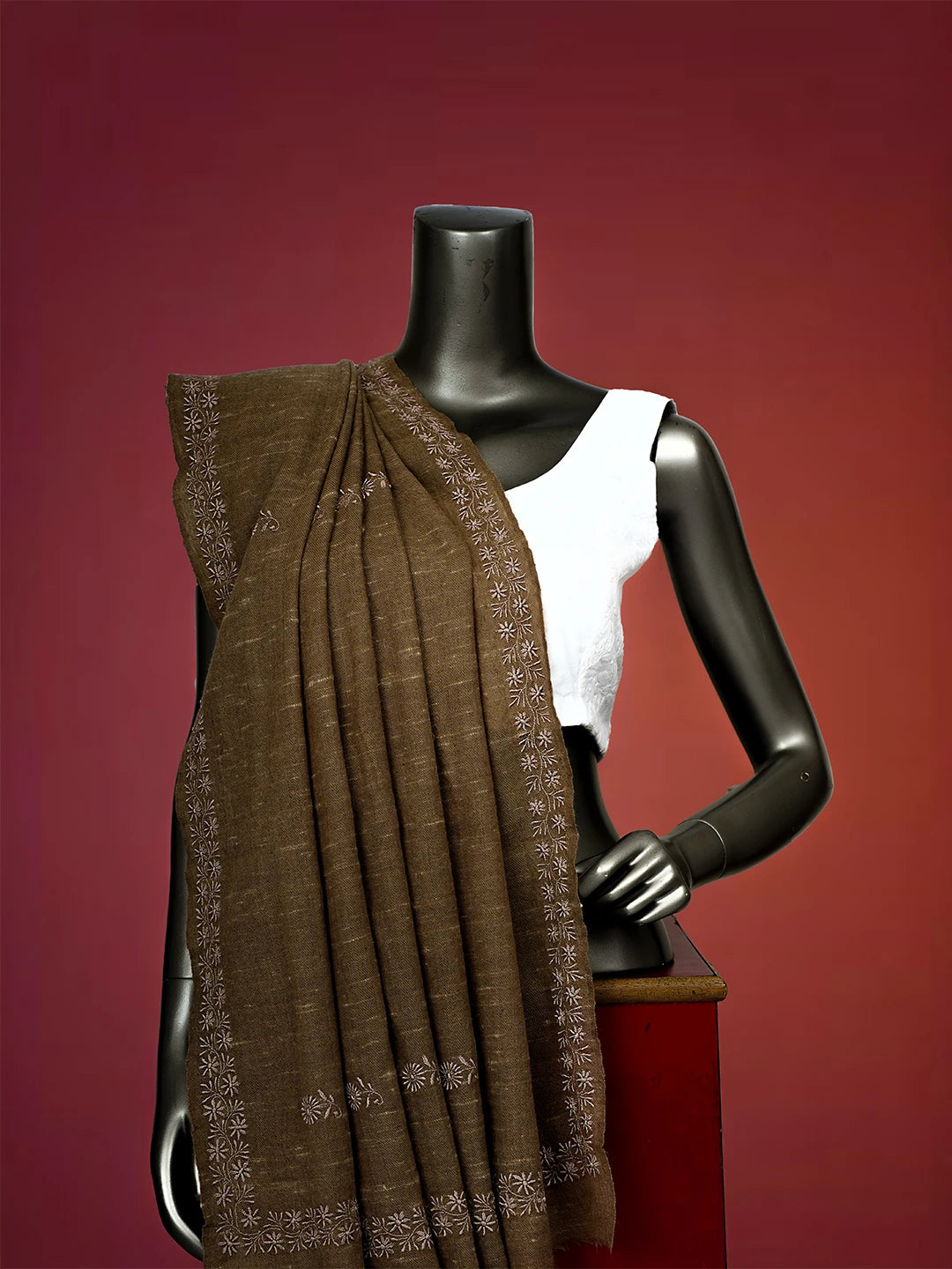 Ada Hand Embroidered Brown Pashmina Lucknowi Chikankari Teen Taar Shawl A2207280