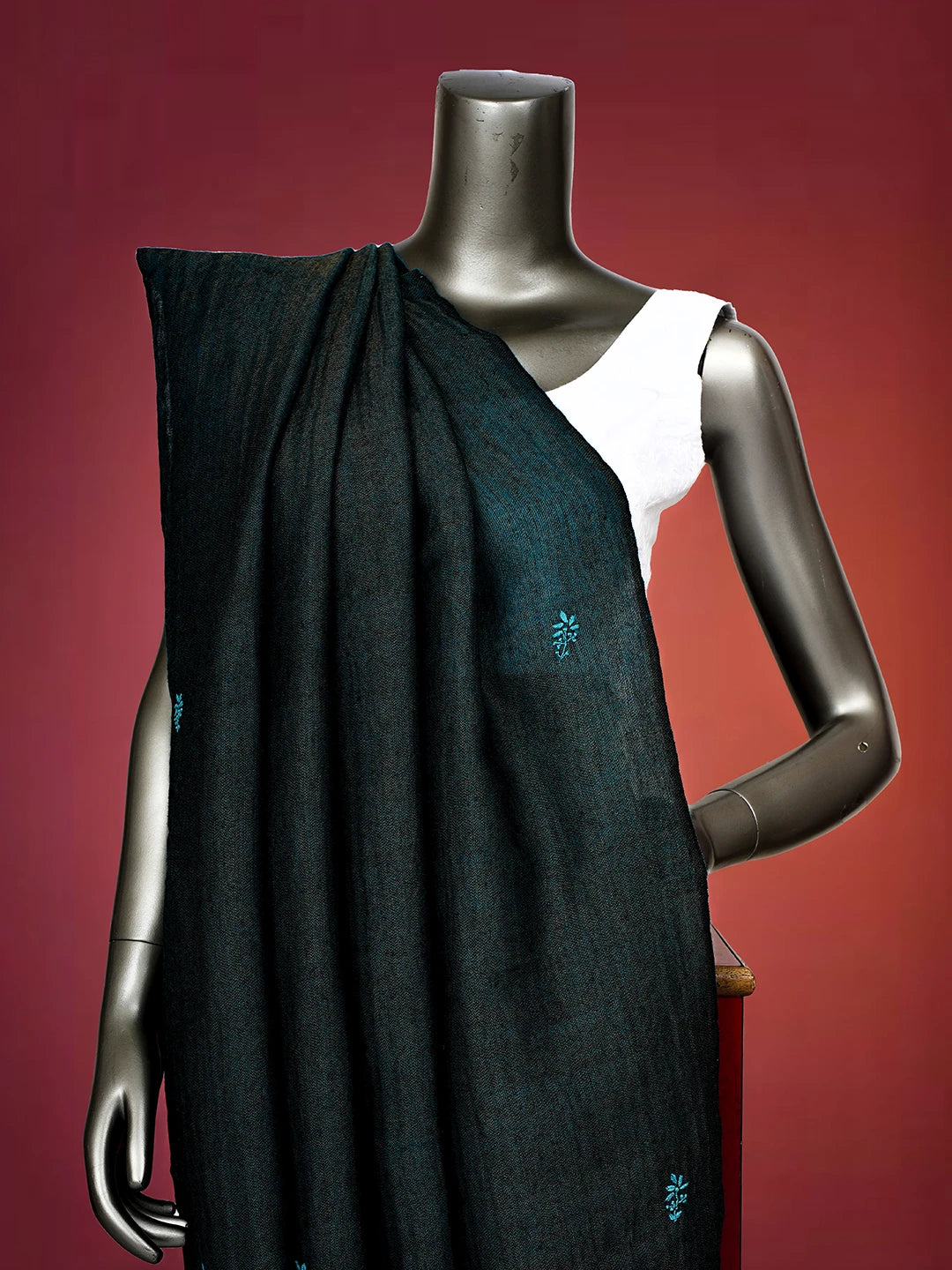 Ada Hand Embroidered Blue Tissue Pashmina Lucknowi Chikankari Teen Taar Shawl A232430