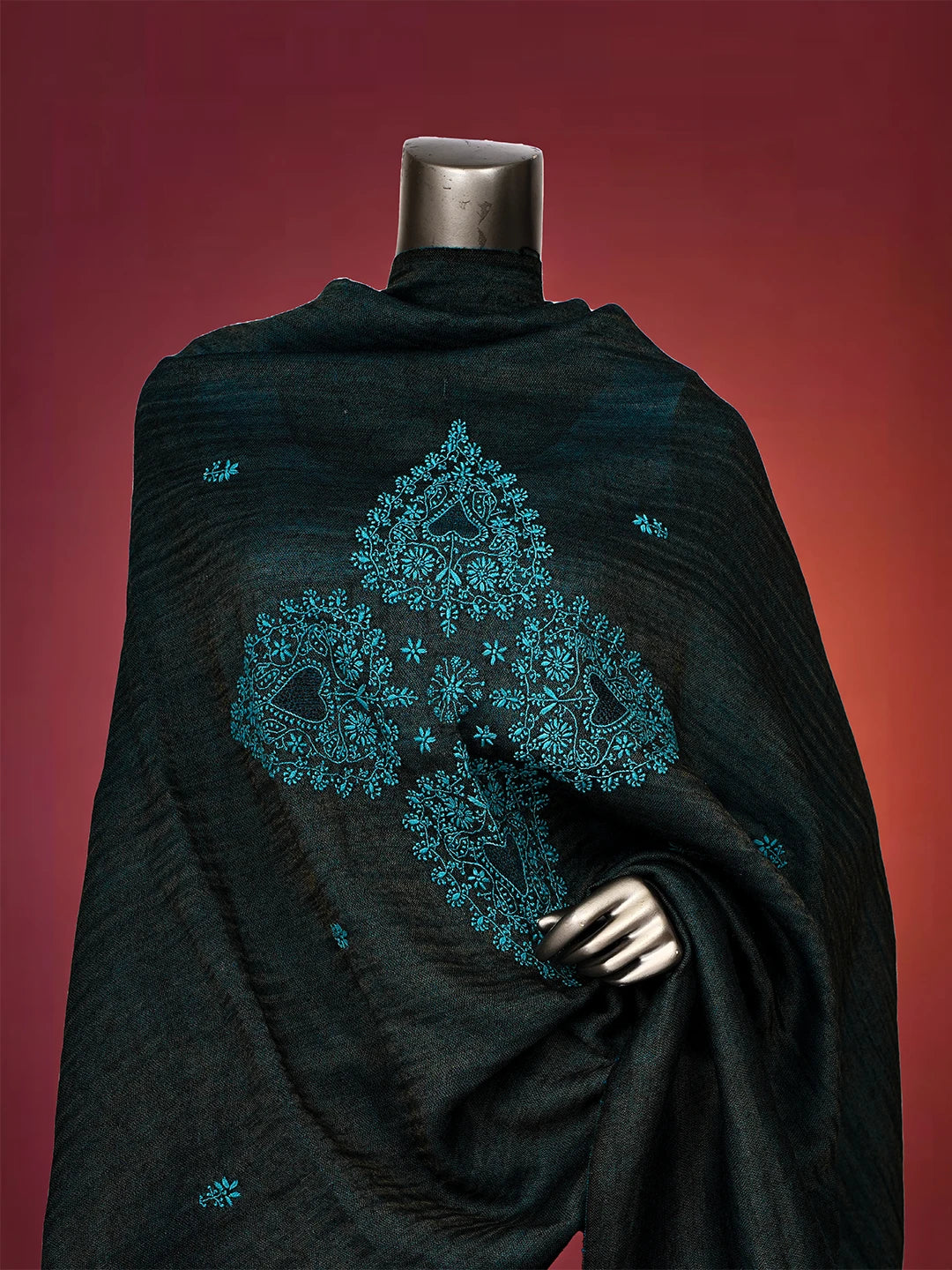 Ada Hand Embroidered Blue Tissue Pashmina Lucknowi Chikankari Teen Taar Shawl A232430