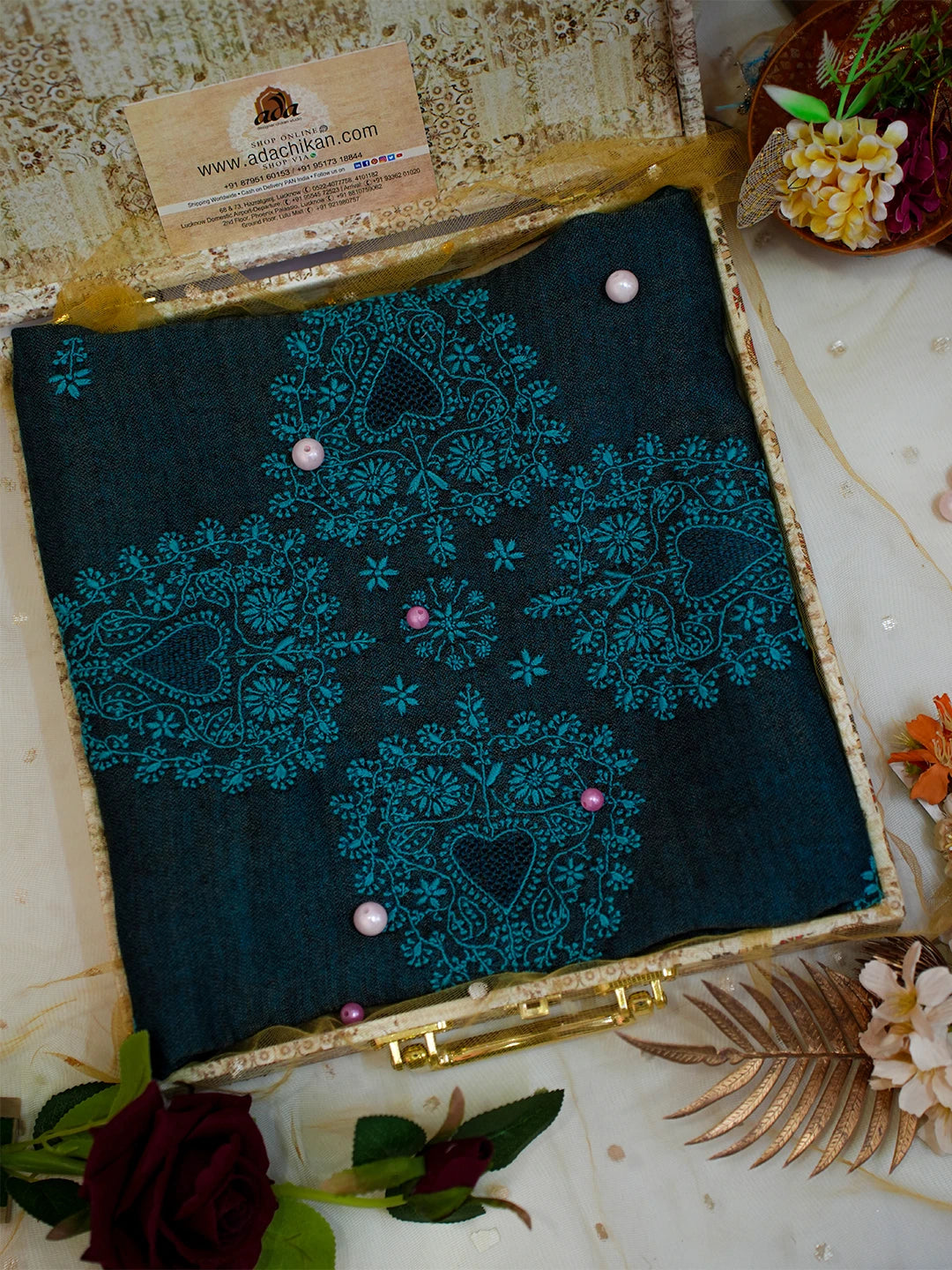 Ada Hand Embroidered Blue Tissue Pashmina Lucknowi Chikankari Teen Taar Shawl A232430
