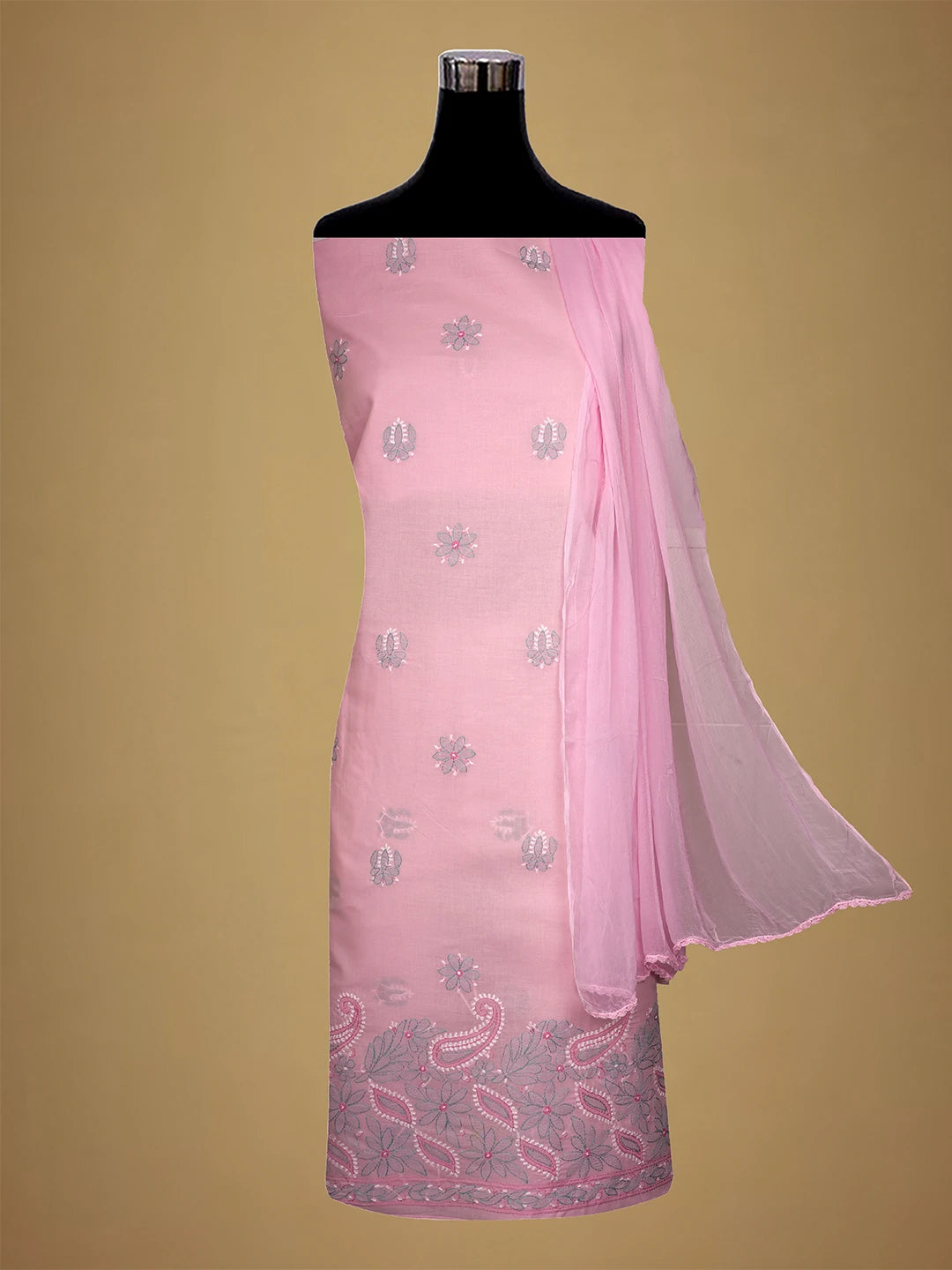 Ada Hand Embroidered Pink Cotton Lucknowi Chikankari Unstitched Suit Piece 01A700536
