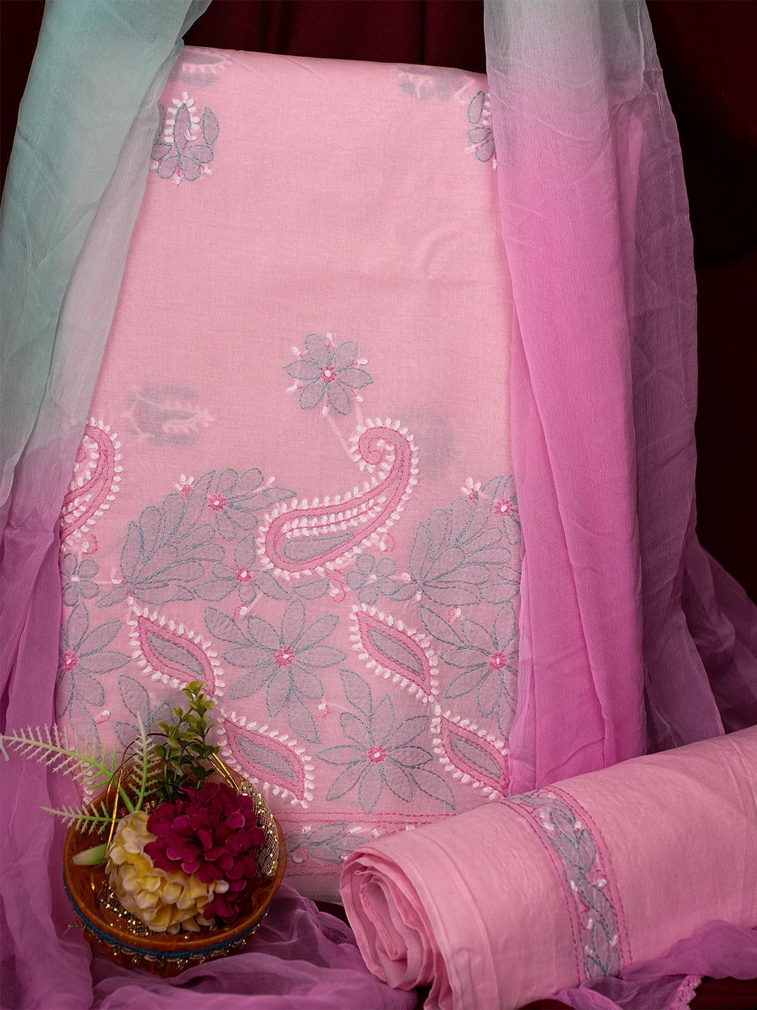 Ada Hand Embroidered Pink Cotton Lucknowi Chikankari Unstitched Suit Piece 01A700536