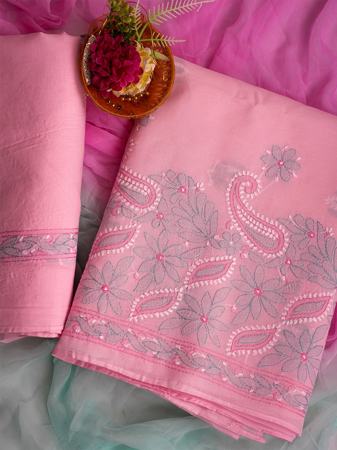 Ada Hand Embroidered Pink Cotton Lucknowi Chikankari Unstitched Suit Piece 01A700536