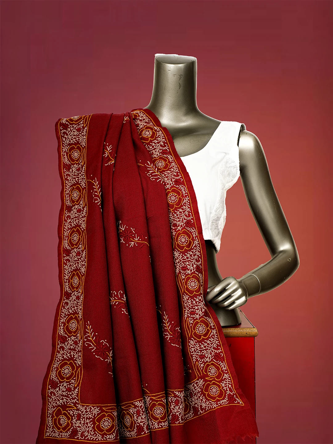 Ada Hand Embroidered Maroon Pashmina Lucknowi Chikankari Chaar Taar Shawl 01A334916