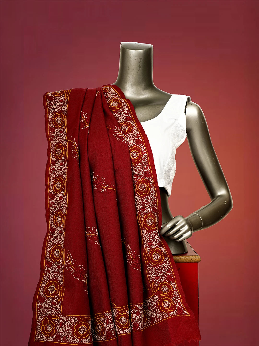 Ada Hand Embroidered Maroon Pashmina Lucknowi Chikankari Chaar Taar Shawl 01A334916