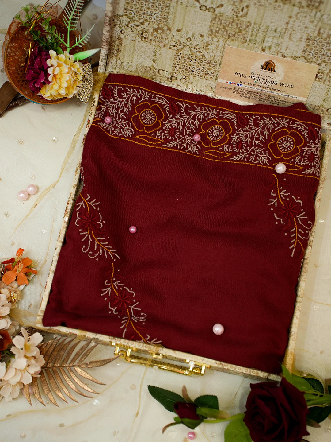 Ada Hand Embroidered Maroon Pashmina Lucknowi Chikankari Chaar Taar Shawl 01A334916