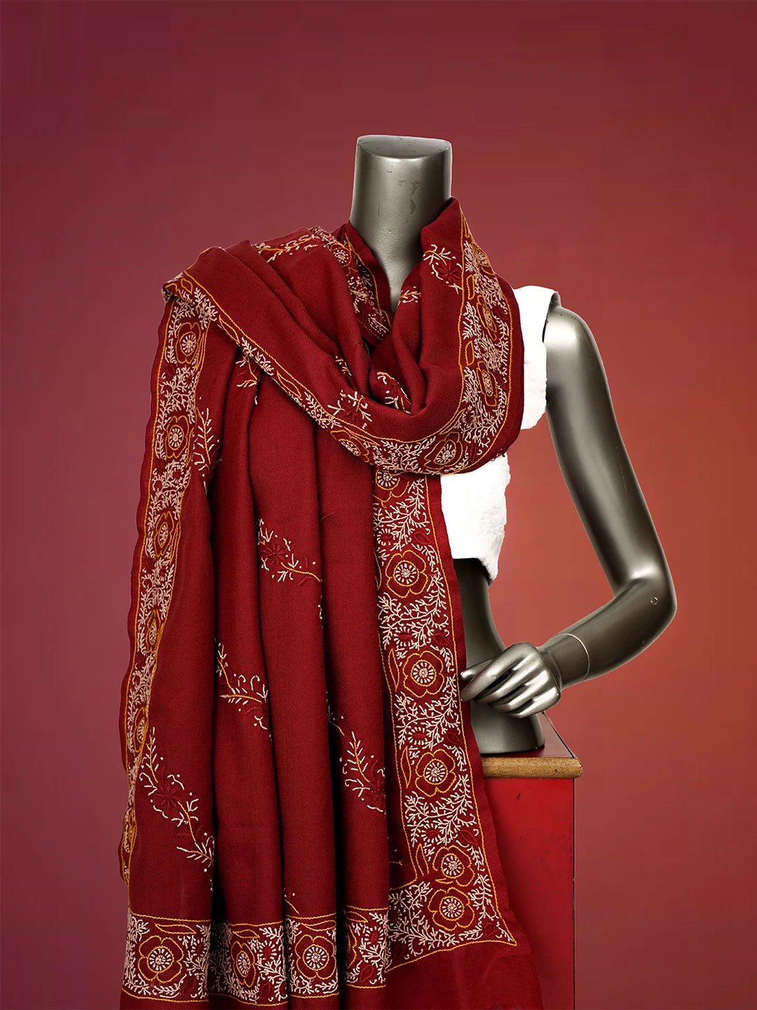 Ada Hand Embroidered Maroon Pashmina Lucknowi Chikankari Chaar Taar Shawl 01A334916