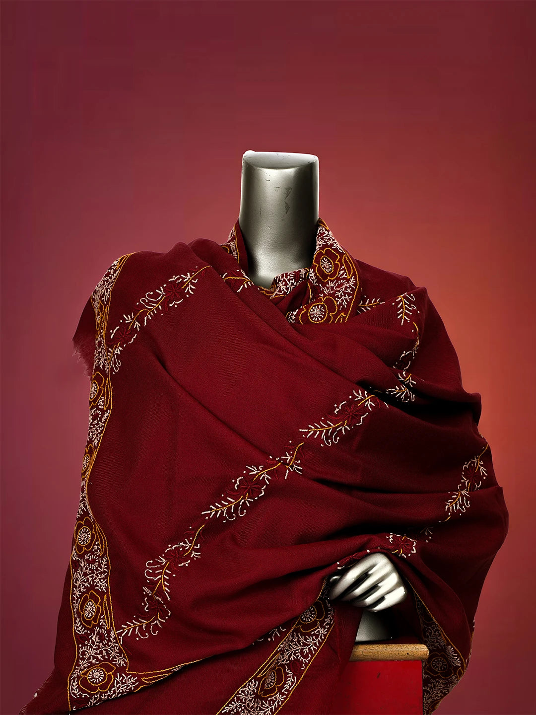 Ada Hand Embroidered Maroon Pashmina Lucknowi Chikankari Chaar Taar Shawl 01A334916