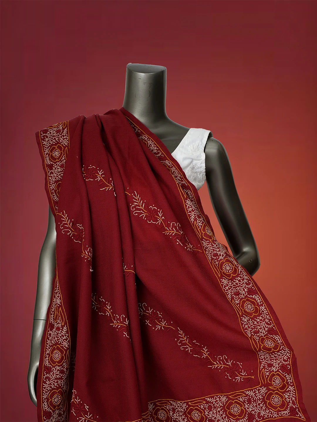Ada Hand Embroidered Maroon Pashmina Lucknowi Chikankari Chaar Taar Shawl 01A334916