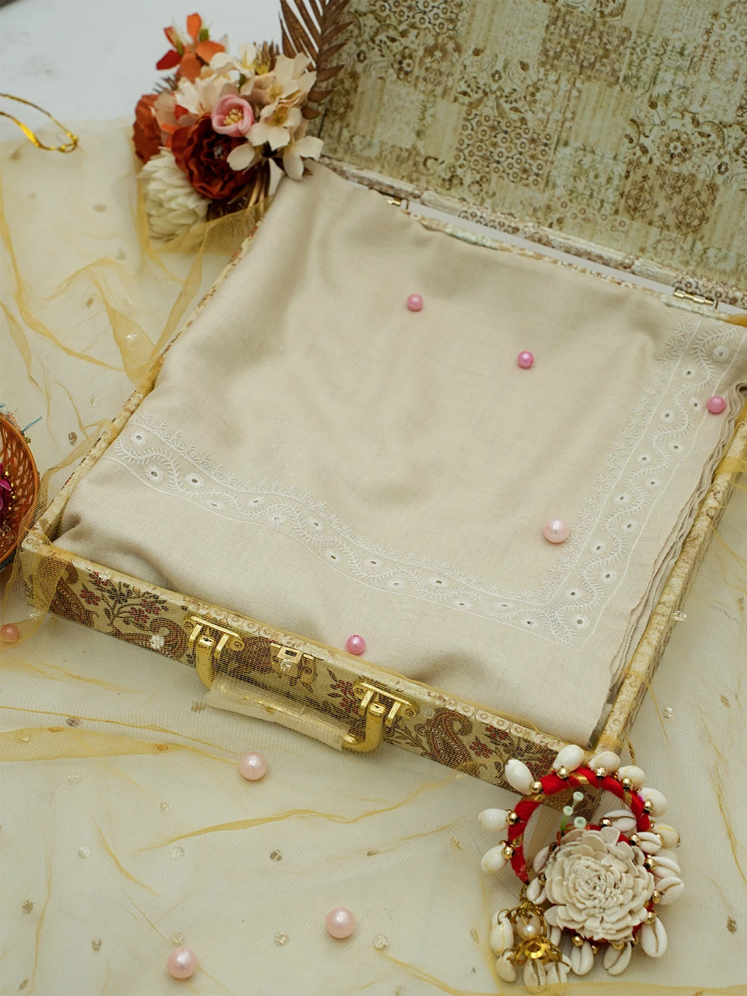 Ada Hand Embroidered Beige Pashmina Lucknowi Chikankari Do Taar Shawl A599934