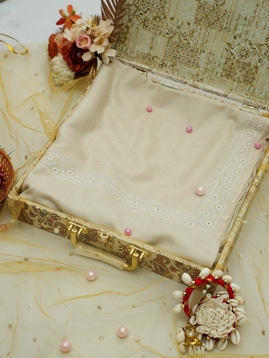 Ada Hand Embroidered Beige Pashmina Lucknowi Chikankari Do Taar Shawl A599934
