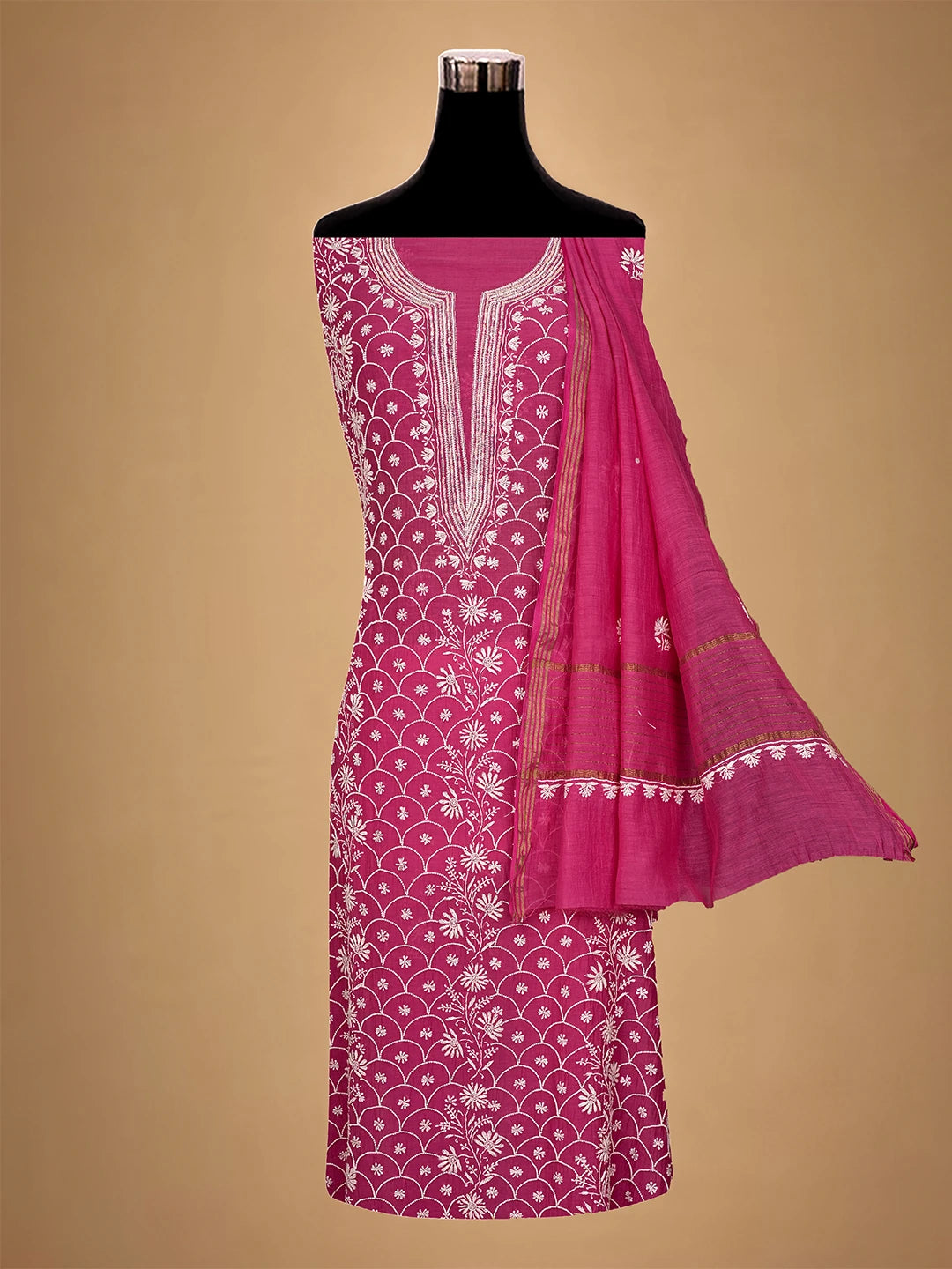 Ada Hand Embroidered Pink Chanderi Lucknowi Chikankari Semi-stitched Kurta Dupatta Set With Pearl Work 01A602507