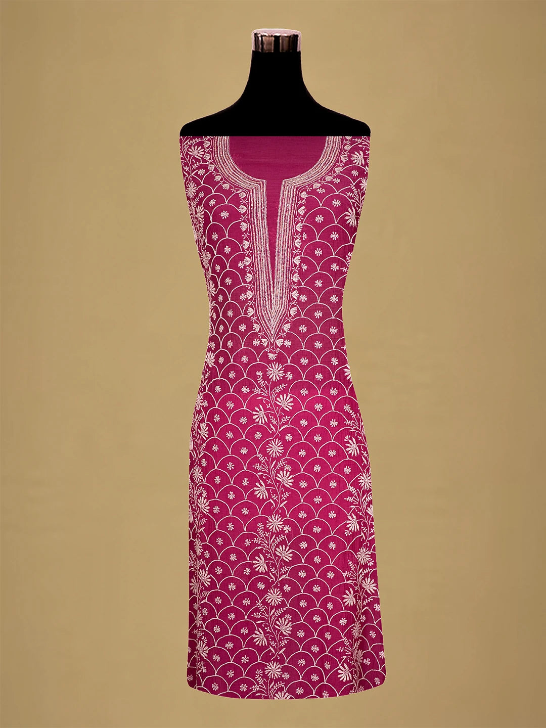 Ada Hand Embroidered Pink Chanderi Lucknowi Chikankari Semi-stitched Kurta Dupatta Set With Pearl Work 01A602507