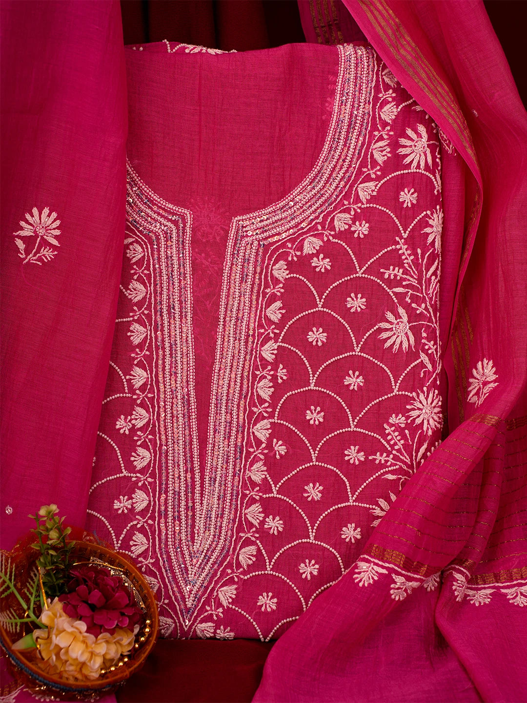 Ada Hand Embroidered Pink Chanderi Lucknowi Chikankari Semi-stitched Kurta Dupatta Set With Pearl Work 01A602507