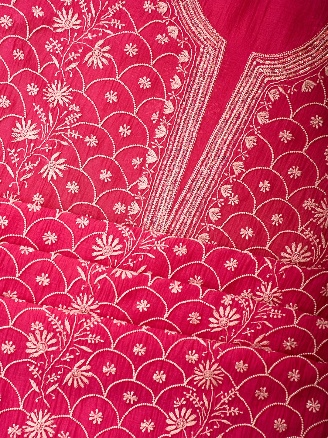 Ada Hand Embroidered Pink Chanderi Lucknowi Chikankari Semi-stitched Kurta Dupatta Set With Pearl Work 01A602507