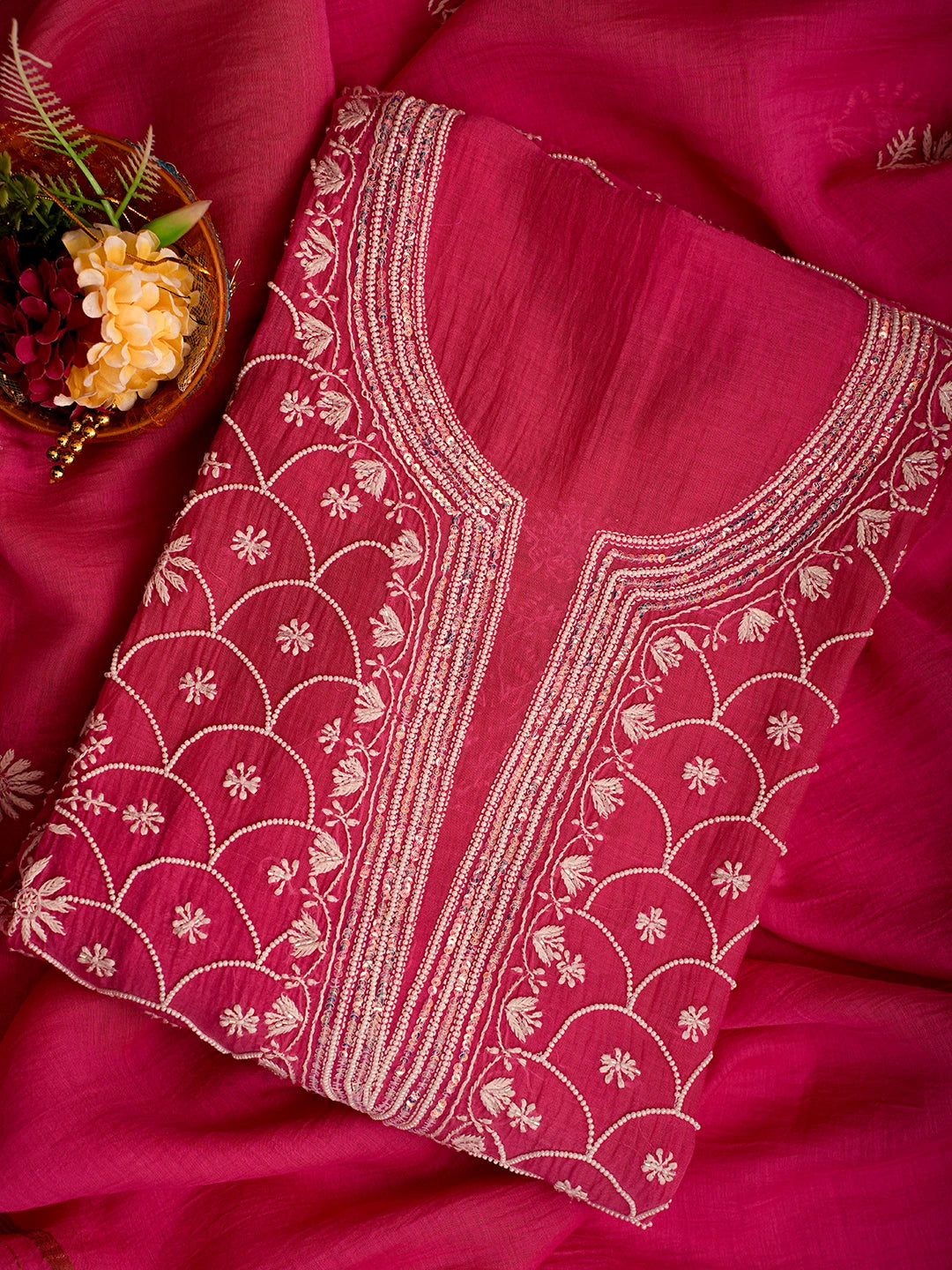 Ada Hand Embroidered Pink Chanderi Lucknowi Chikankari Semi-stitched Kurta Dupatta Set With Pearl Work 01A602507