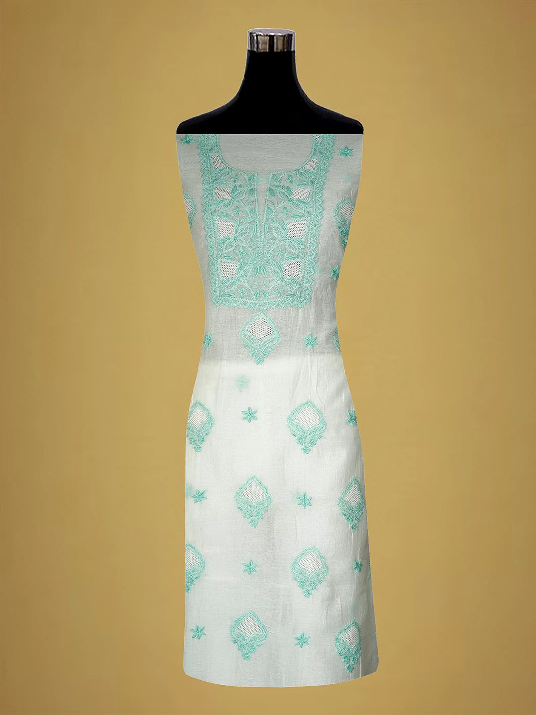 Ada Hand Embroidered White Baby powder Chanderi Lucknowi Chikankari Unstitched Kurta Dupatta Set 01A708659